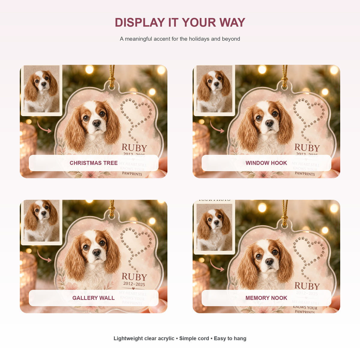 Personalized Heart Pawprints Pet Memorial Photo Acrylic Ornament - Custom Pet Keepsake - image 2