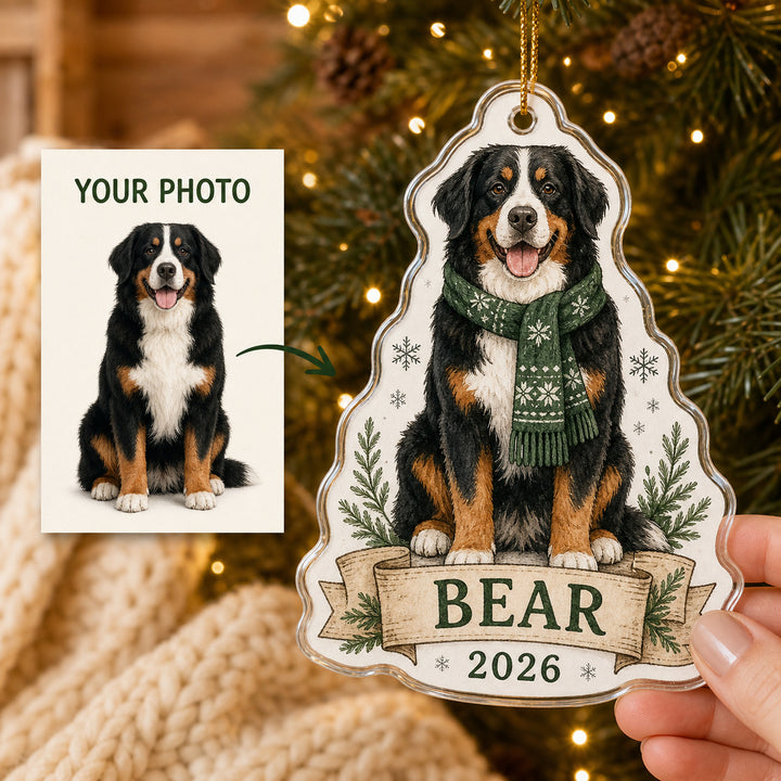 Personalized Cozy Winter Dog Photo Acrylic Ornament - Custom Pet Keepsake - image 1
