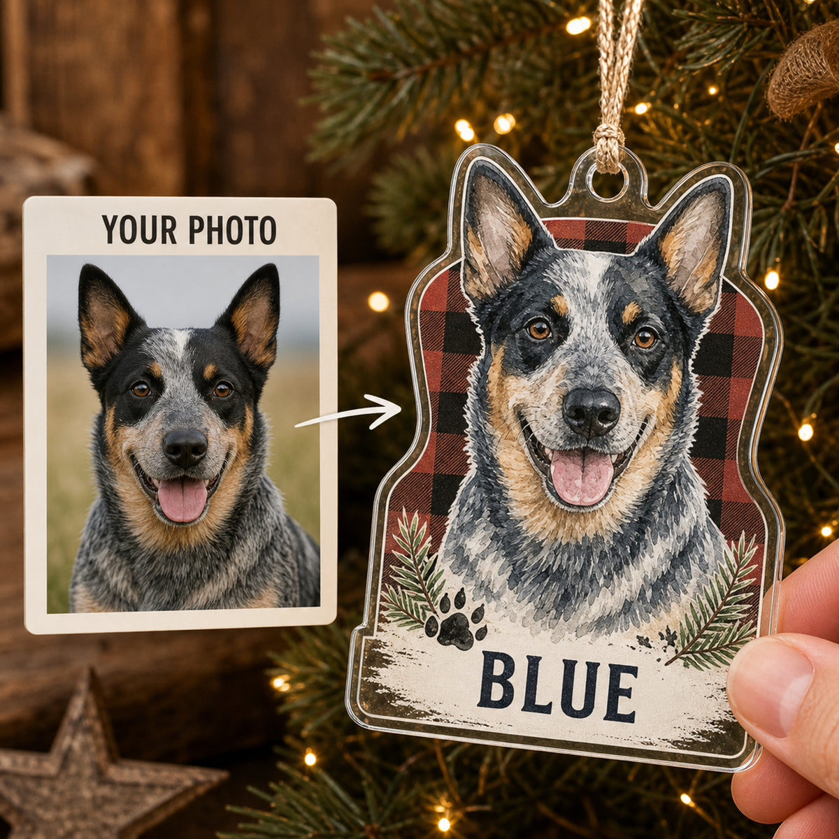 Personalized Rustic Plaid Dog Photo Acrylic Ornament - Custom Pet Keepsake - image 1