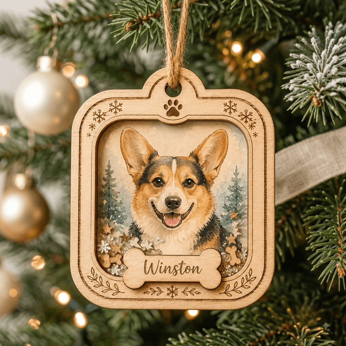 Personalized Leaf Wreath Dog Photo Wood Ornament - Custom Pet Keepsake - image 1