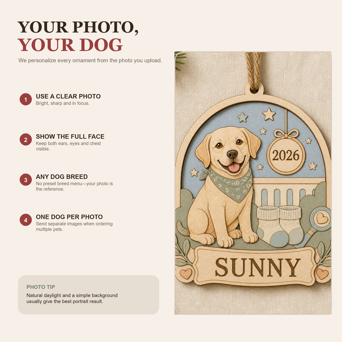 Personalized Big Sister Pregnancy Reveal Pup Photo Wood Ornament - Custom Pet Keepsake - image 7