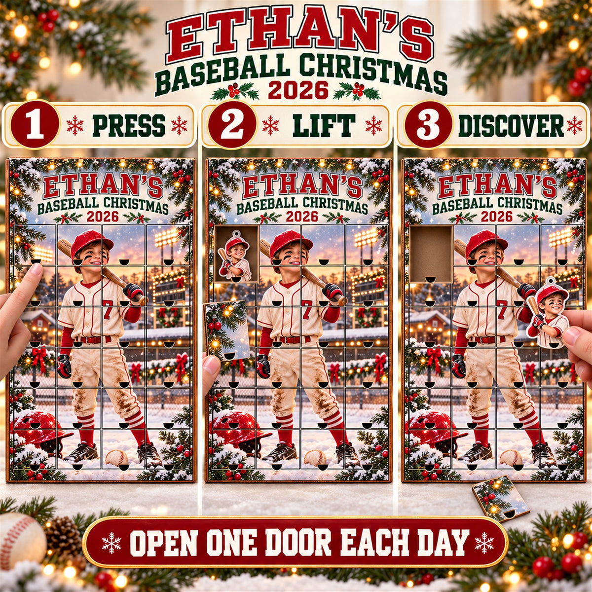 Personalized Baseball Player Advent Calendar with 24 Photo Ornaments