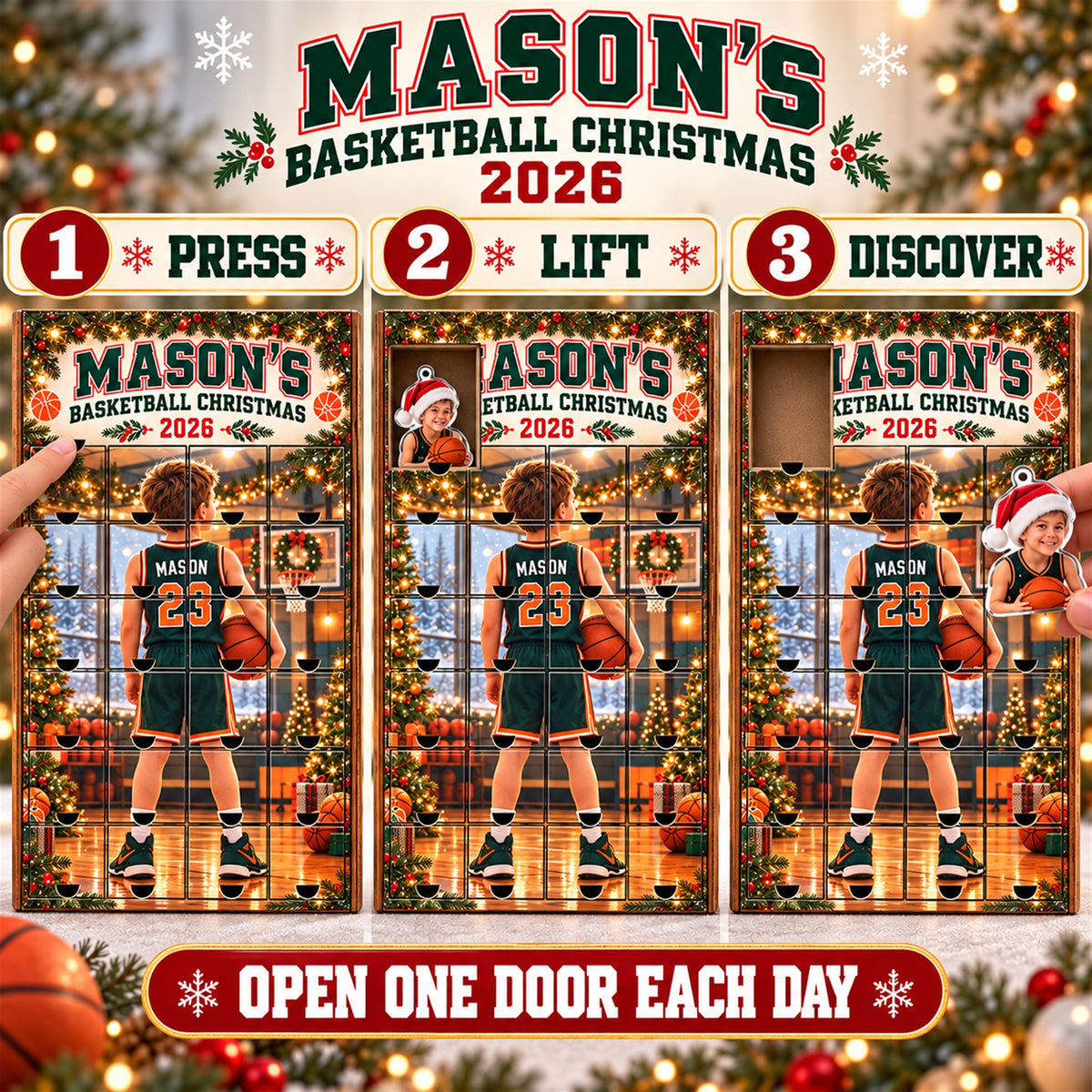 Personalized Basketball Player Advent Calendar with 24 Photo Ornaments