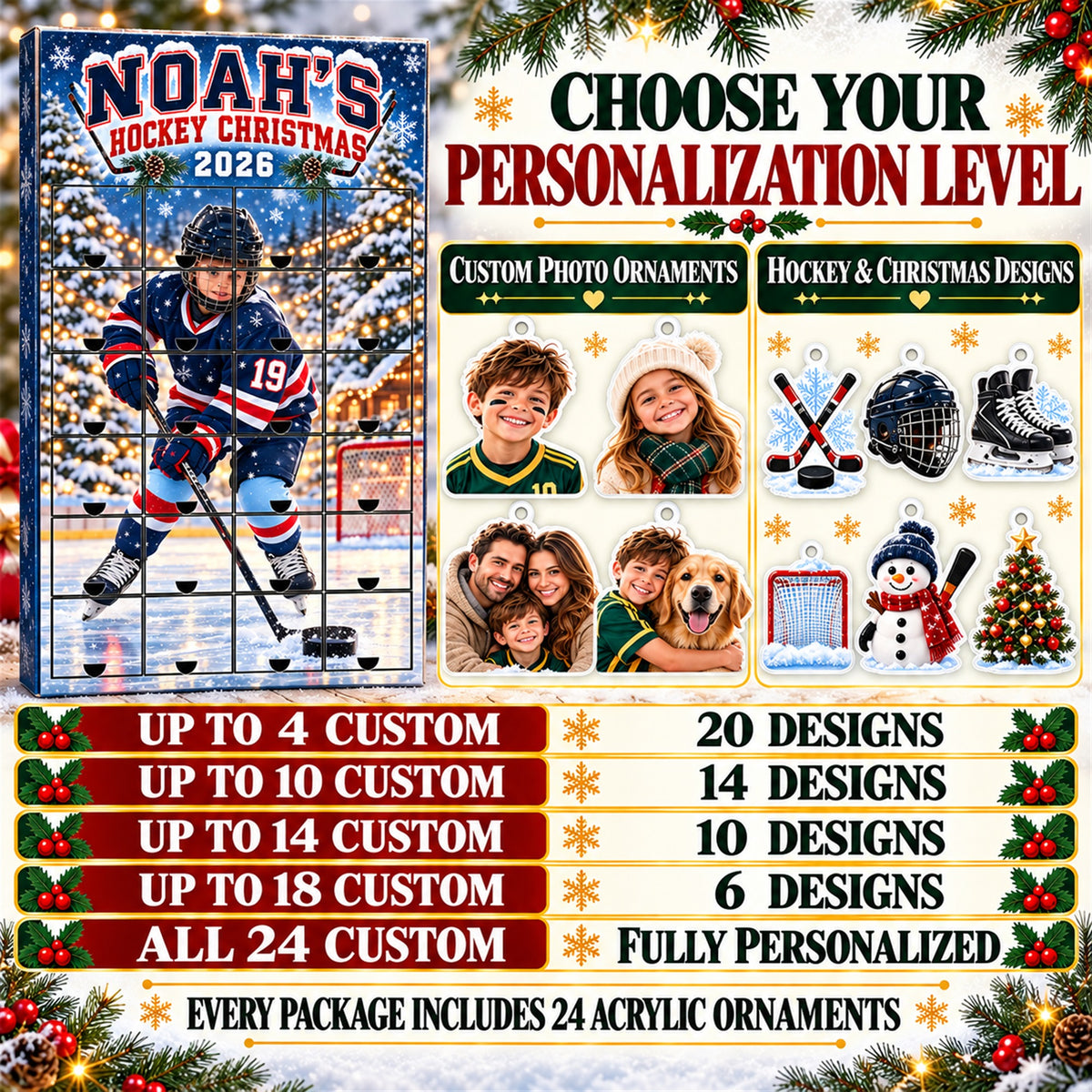 Personalized Ice Hockey Player Advent Calendar with 24 Photo Ornaments