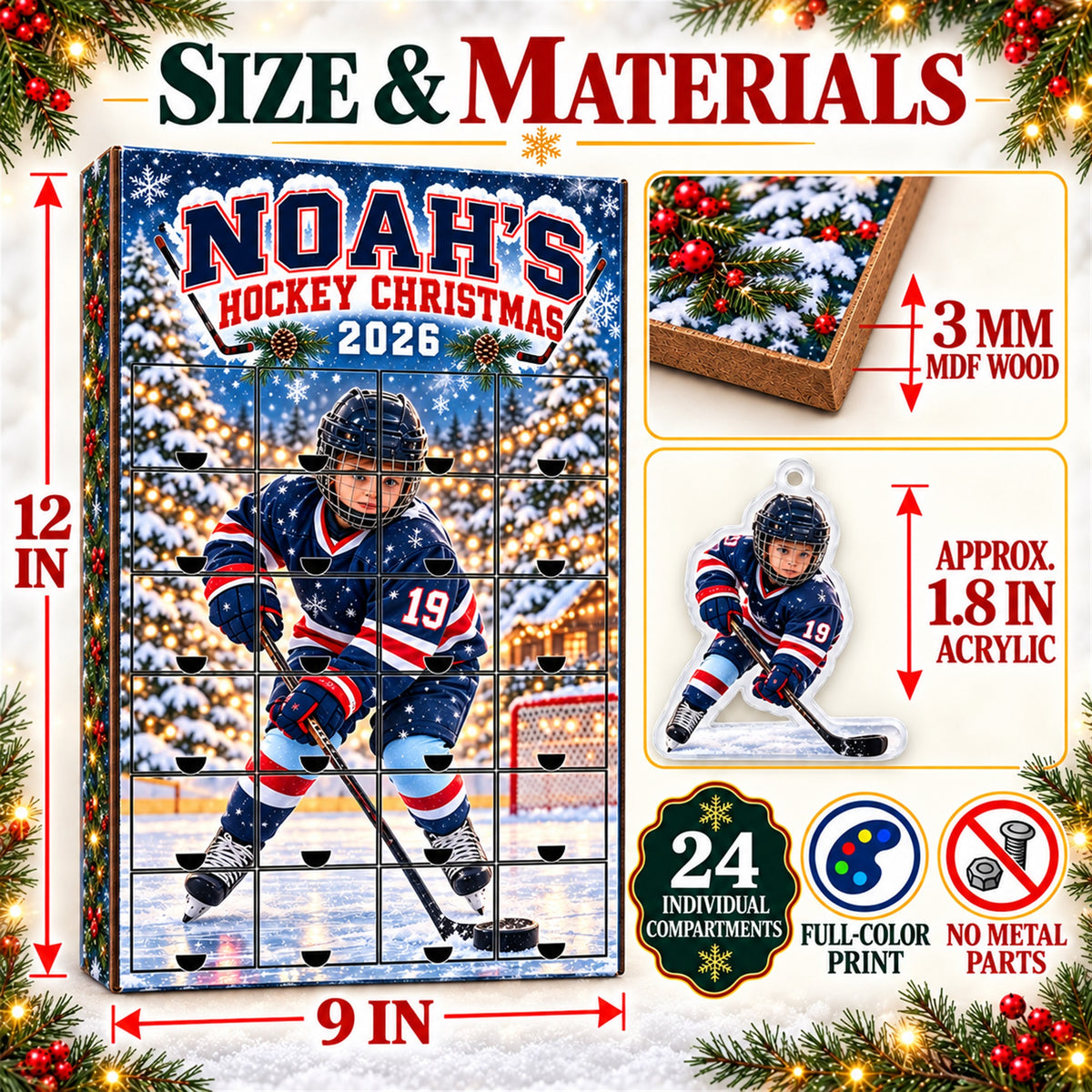 Personalized Ice Hockey Player Advent Calendar with 24 Photo Ornaments