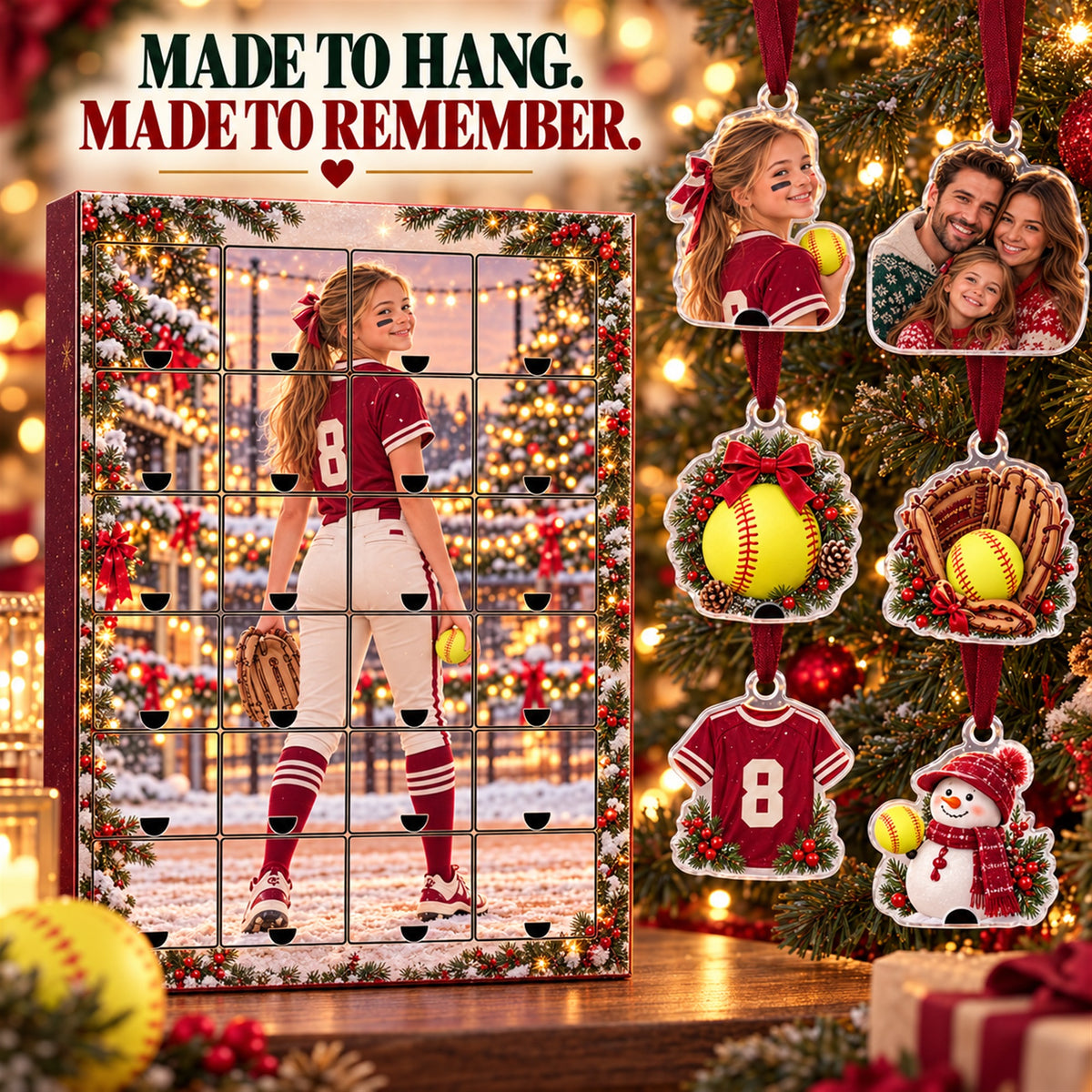 Personalized Softball Player Advent Calendar with 24 Photo Ornaments