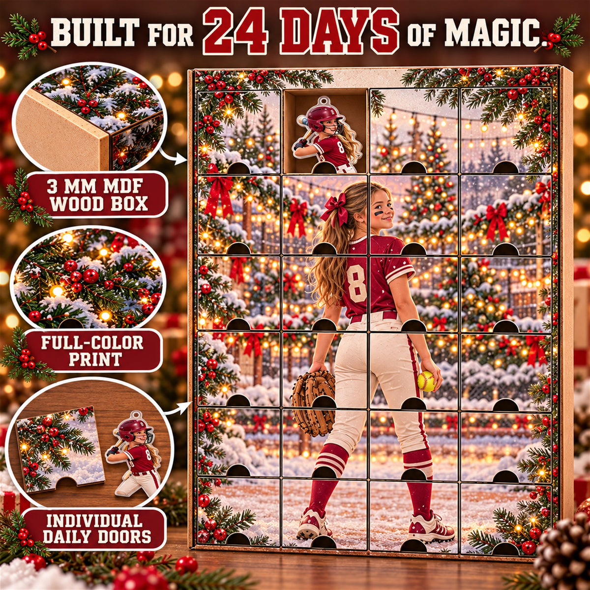 Personalized Softball Player Advent Calendar with 24 Photo Ornaments