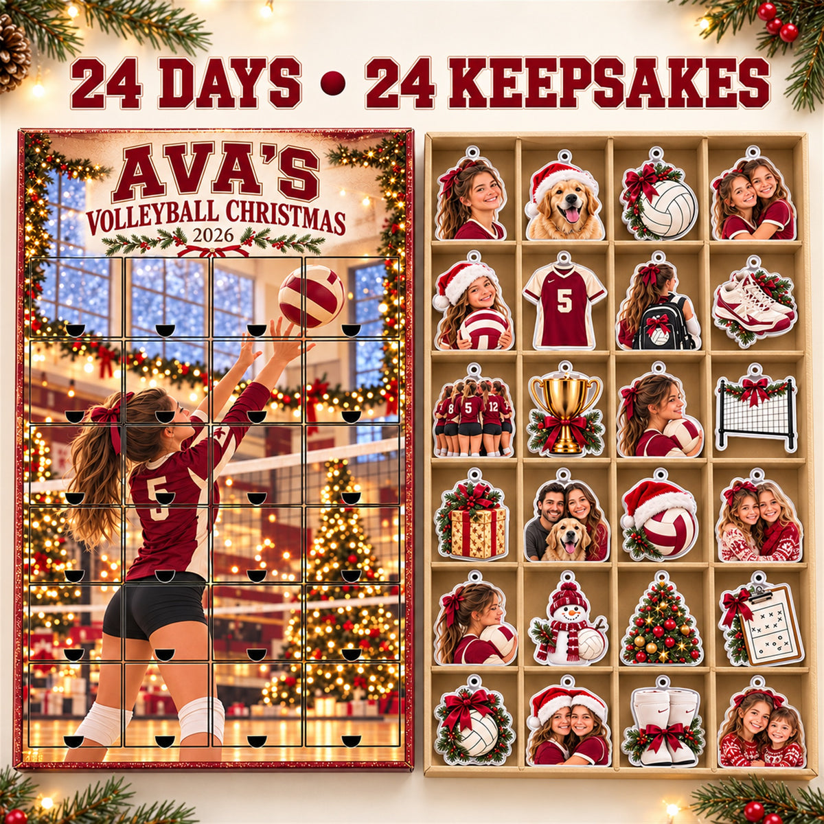 Personalized Volleyball Player Advent Calendar with 24 Photo Ornaments