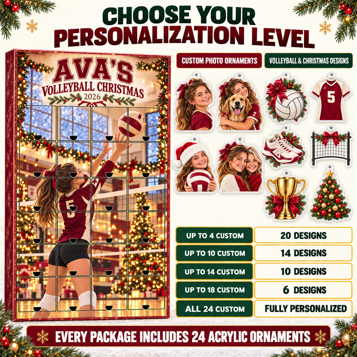Personalized Volleyball Player Advent Calendar with 24 Photo Ornaments
