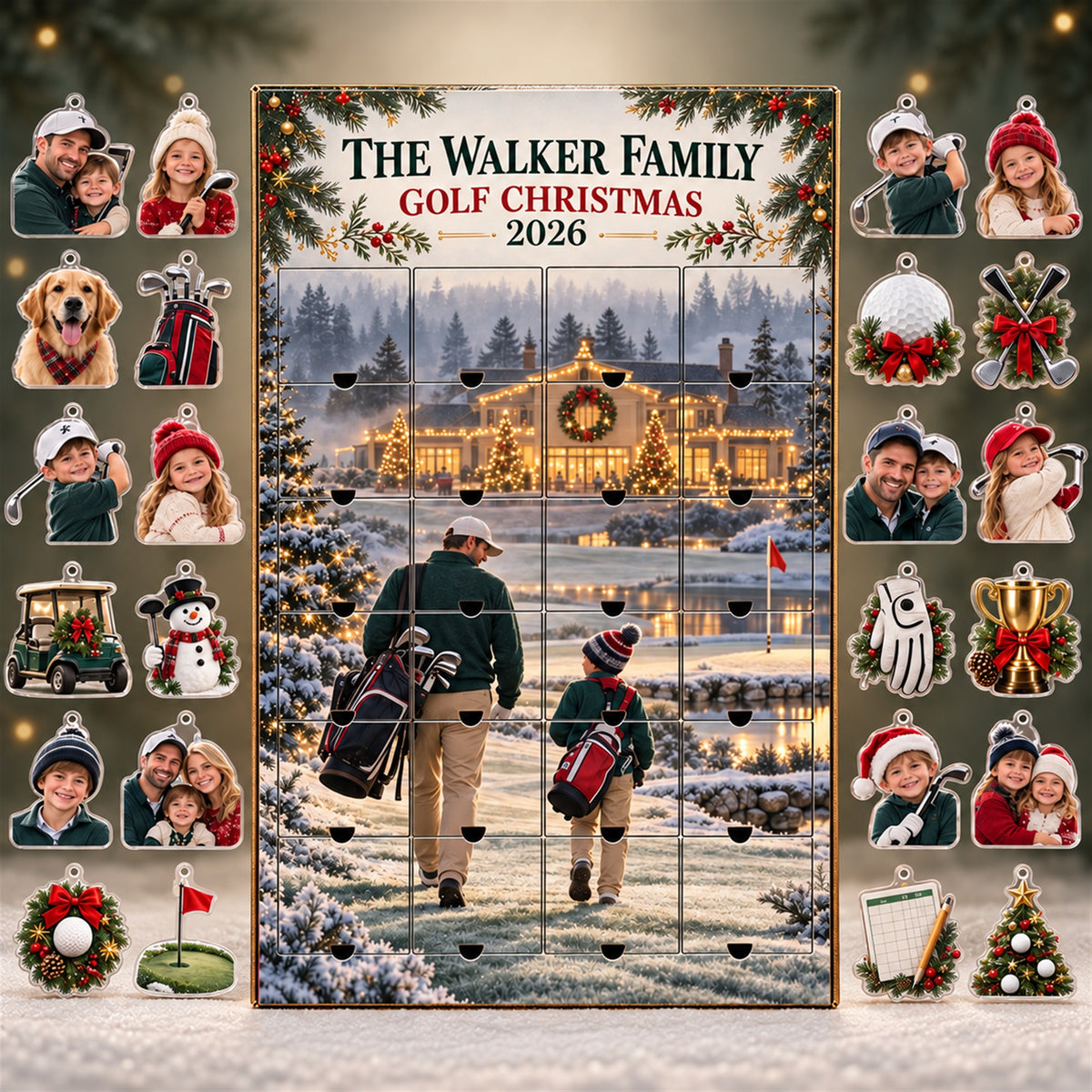 Personalized Golf Family Advent Calendar with 24 Photo Ornaments