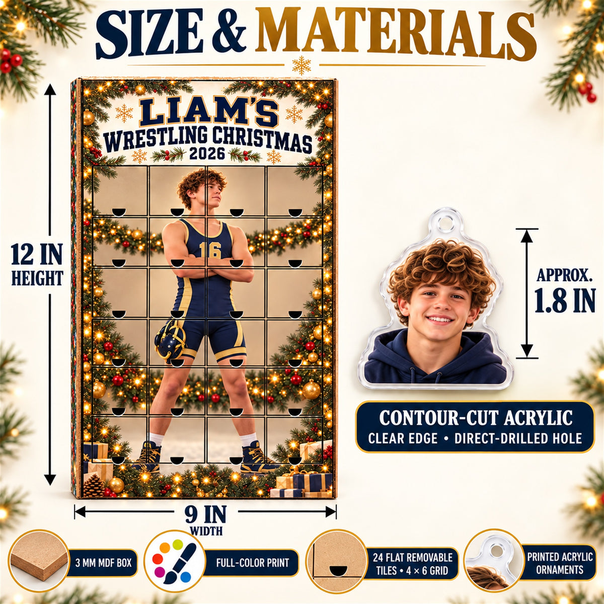 Personalized Wrestling Athlete Advent Calendar with 24 Photo Ornaments