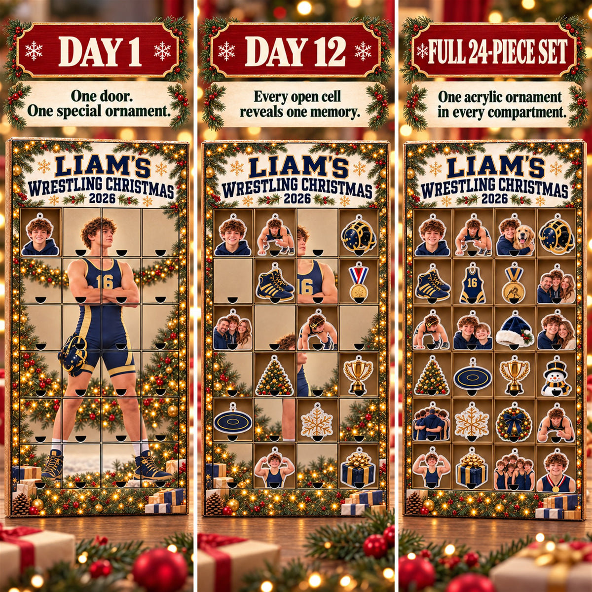 Personalized Wrestling Athlete Advent Calendar with 24 Photo Ornaments