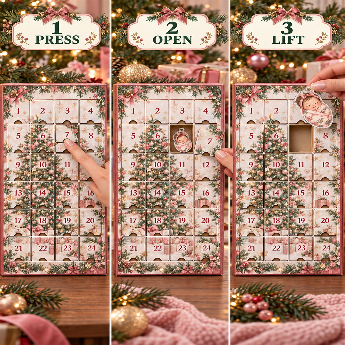 Personalized Baby Girl First Christmas Advent Calendar with 24 Photo Ornaments