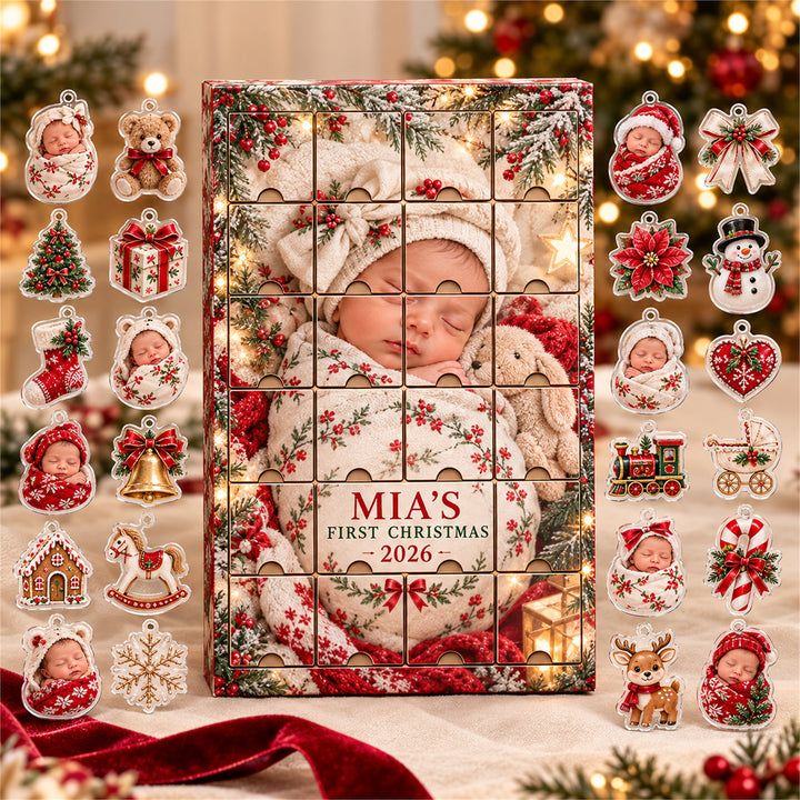 Personalized Newborn First Christmas Advent Calendar with 24 Photo Ornaments