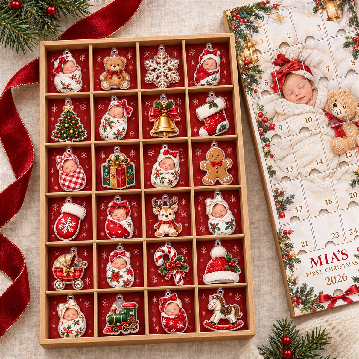 Personalized Newborn First Christmas Advent Calendar with 24 Photo Ornaments