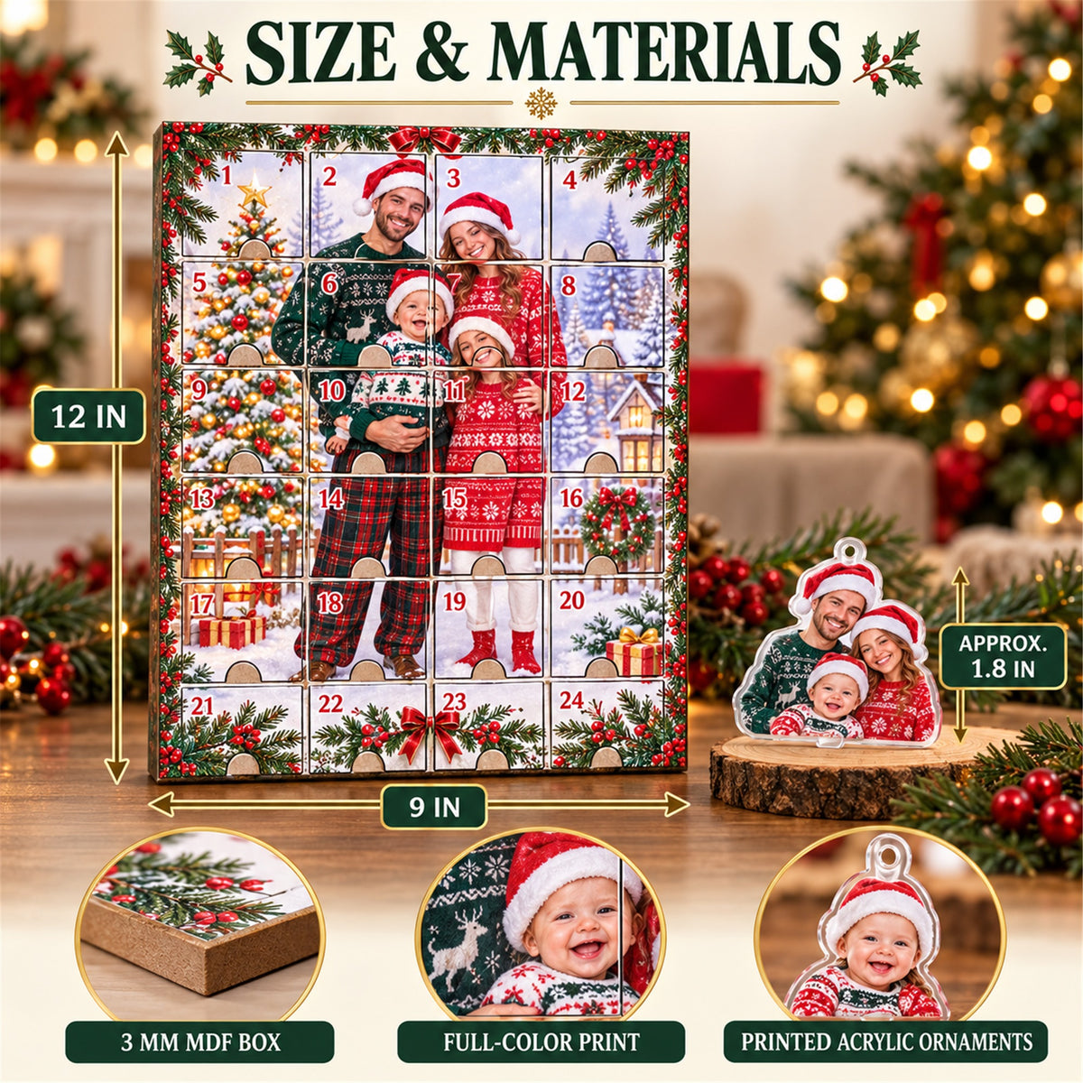 Personalized Miracle Baby First Christmas Advent Calendar with 24 Photo Ornaments