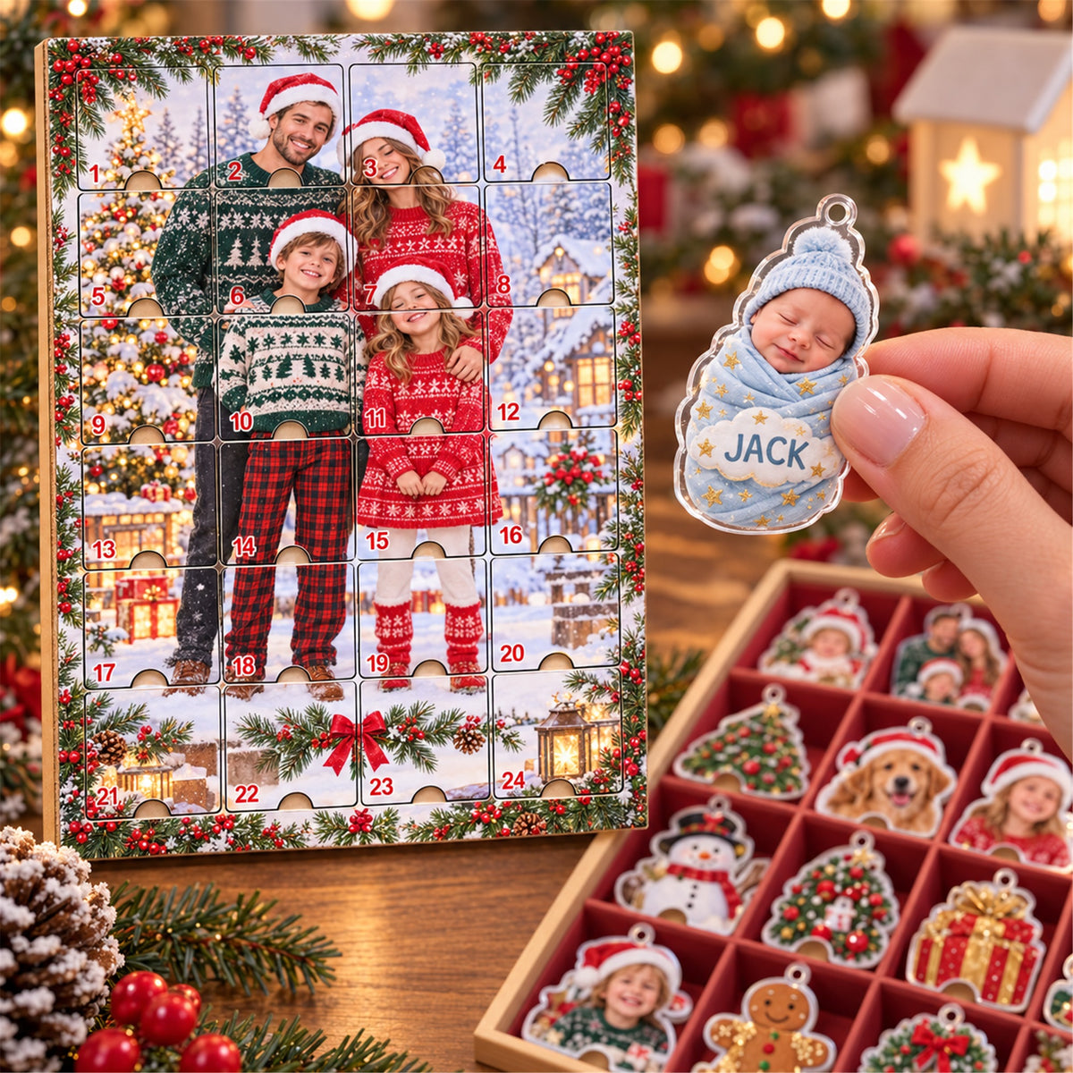 Personalized NICU Graduate First Christmas Advent Calendar with 24 Photo Ornaments