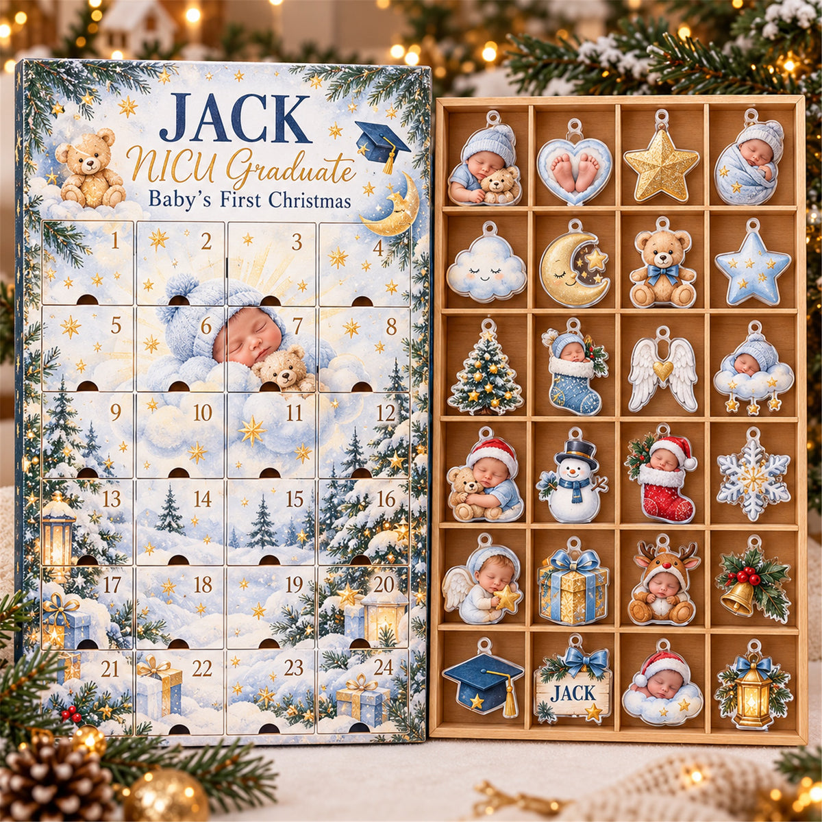 Personalized NICU Graduate First Christmas Advent Calendar with 24 Photo Ornaments