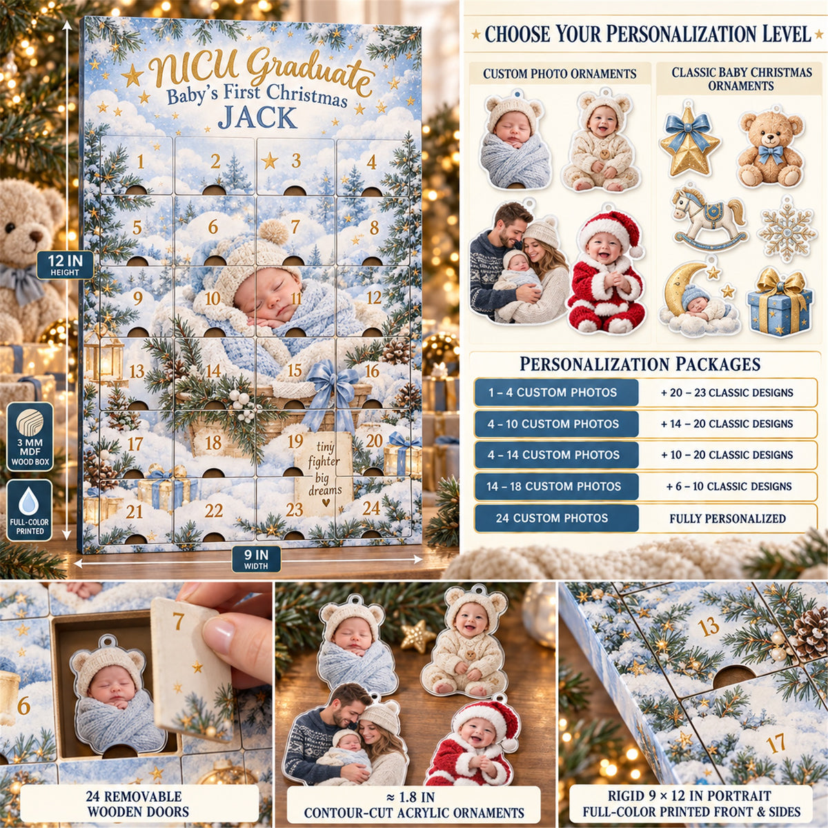 Personalized NICU Graduate First Christmas Advent Calendar with 24 Photo Ornaments