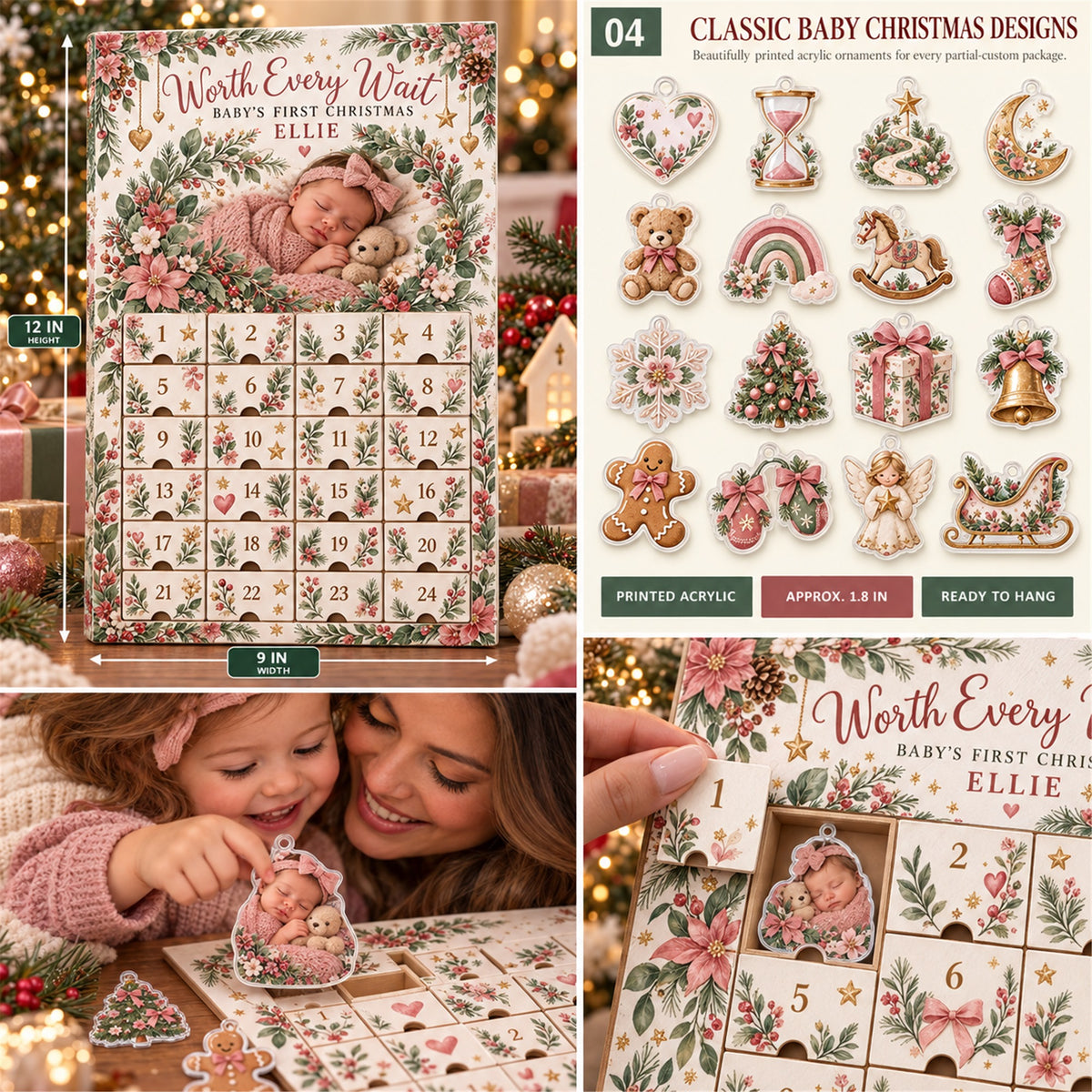 Personalized IVF Baby Worth The Wait Advent Calendar with 24 Photo Ornaments