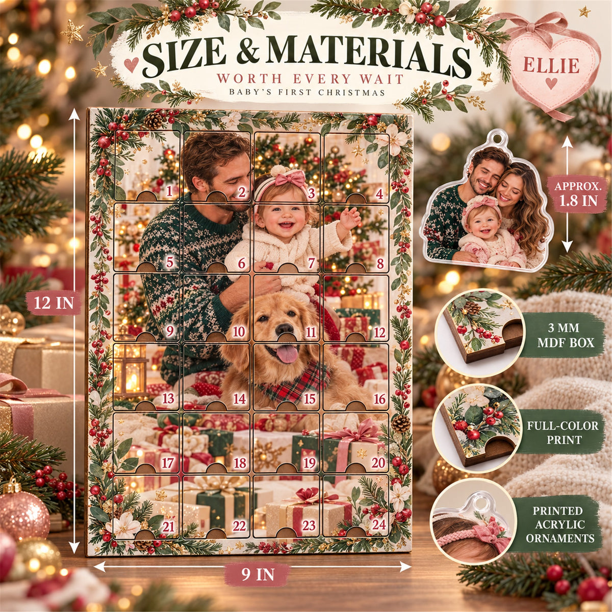 Personalized IVF Baby Worth The Wait Advent Calendar with 24 Photo Ornaments