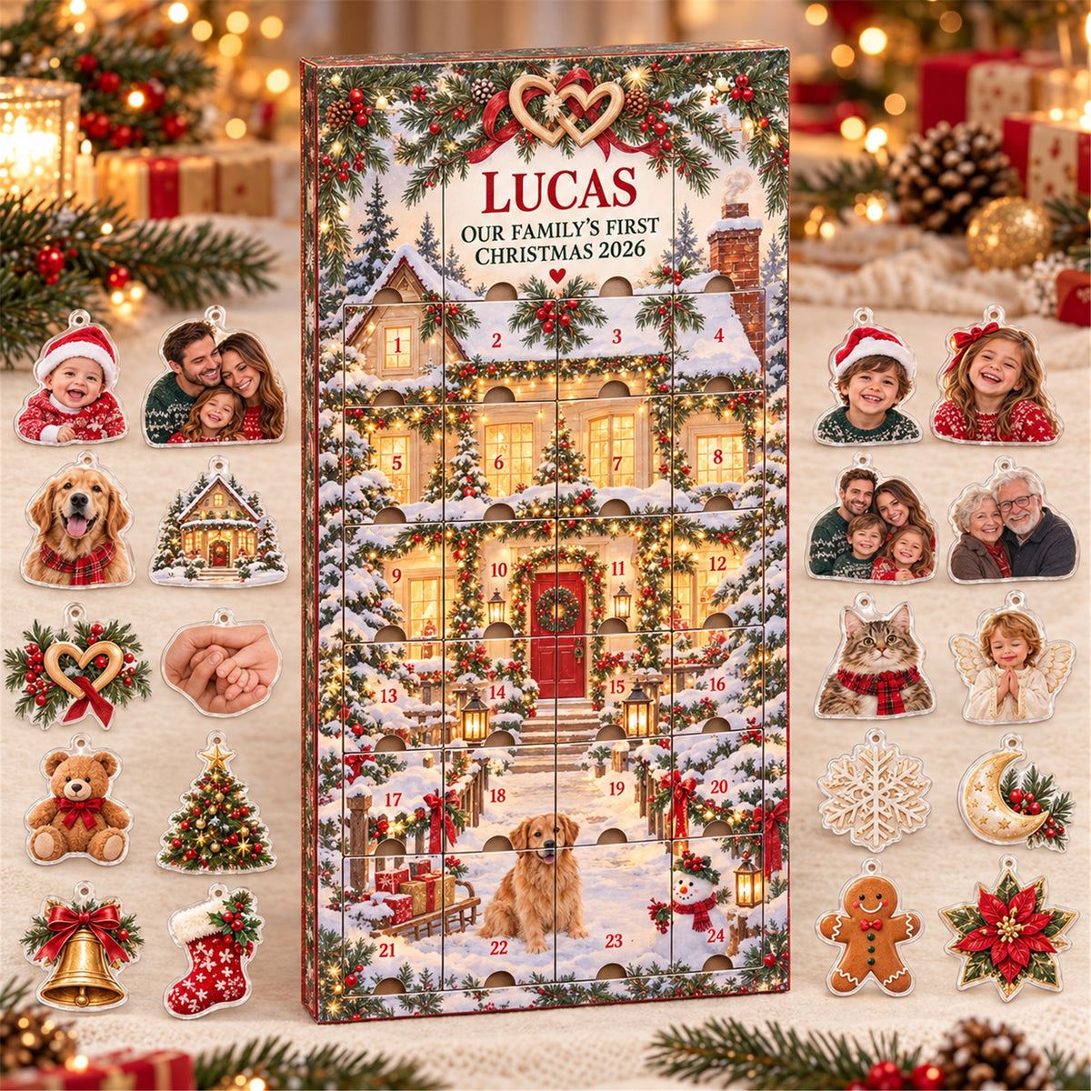 Personalized Adopted Baby First Christmas Advent Calendar with 24 Photo Ornaments