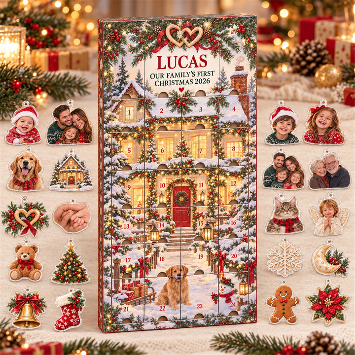 Personalized Adopted Baby First Christmas Advent Calendar with 24 Photo Ornaments