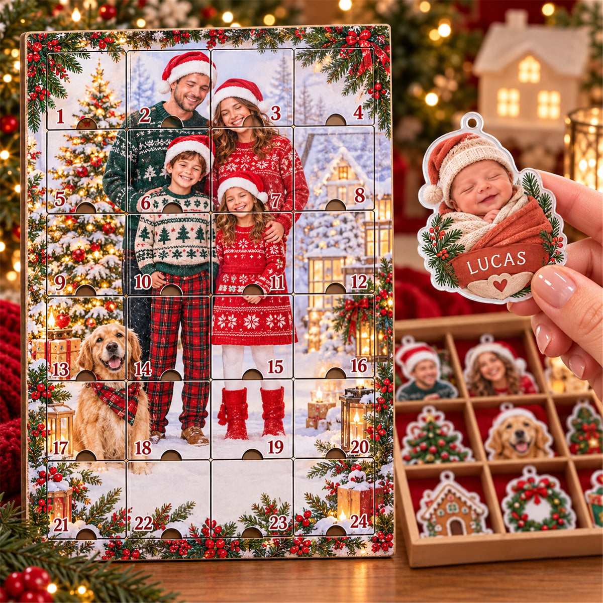 Personalized Adopted Baby First Christmas Advent Calendar with 24 Photo Ornaments