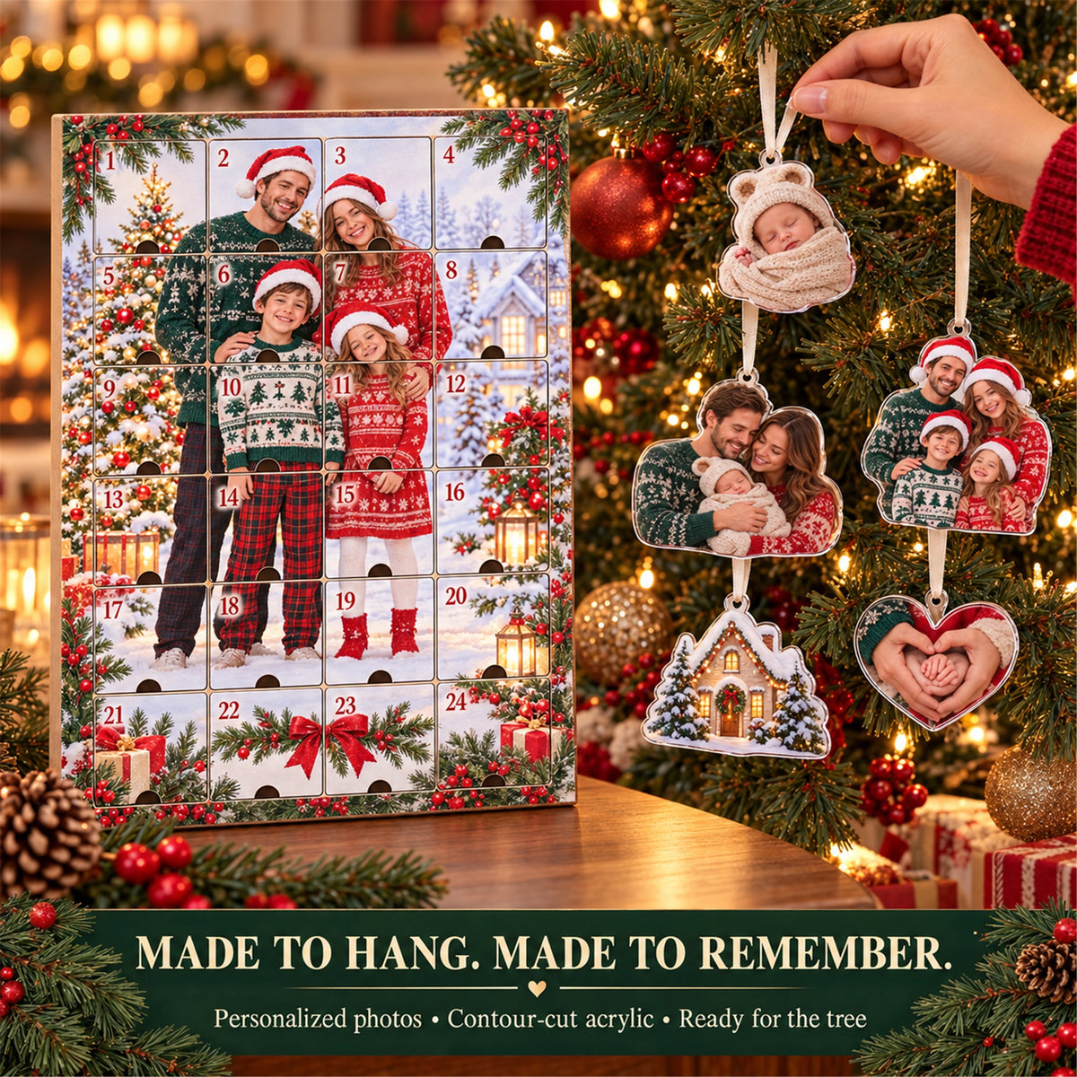 Personalized Adopted Baby First Christmas Advent Calendar with 24 Photo Ornaments