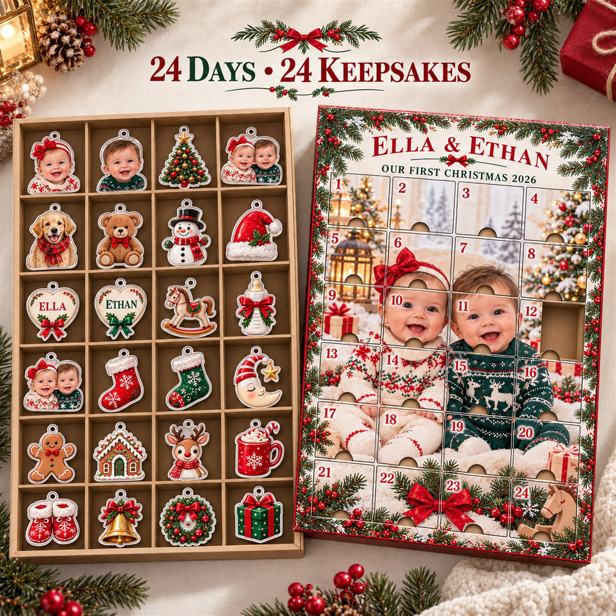 Personalized Twins First Christmas Advent Calendar with 24 Photo Ornaments