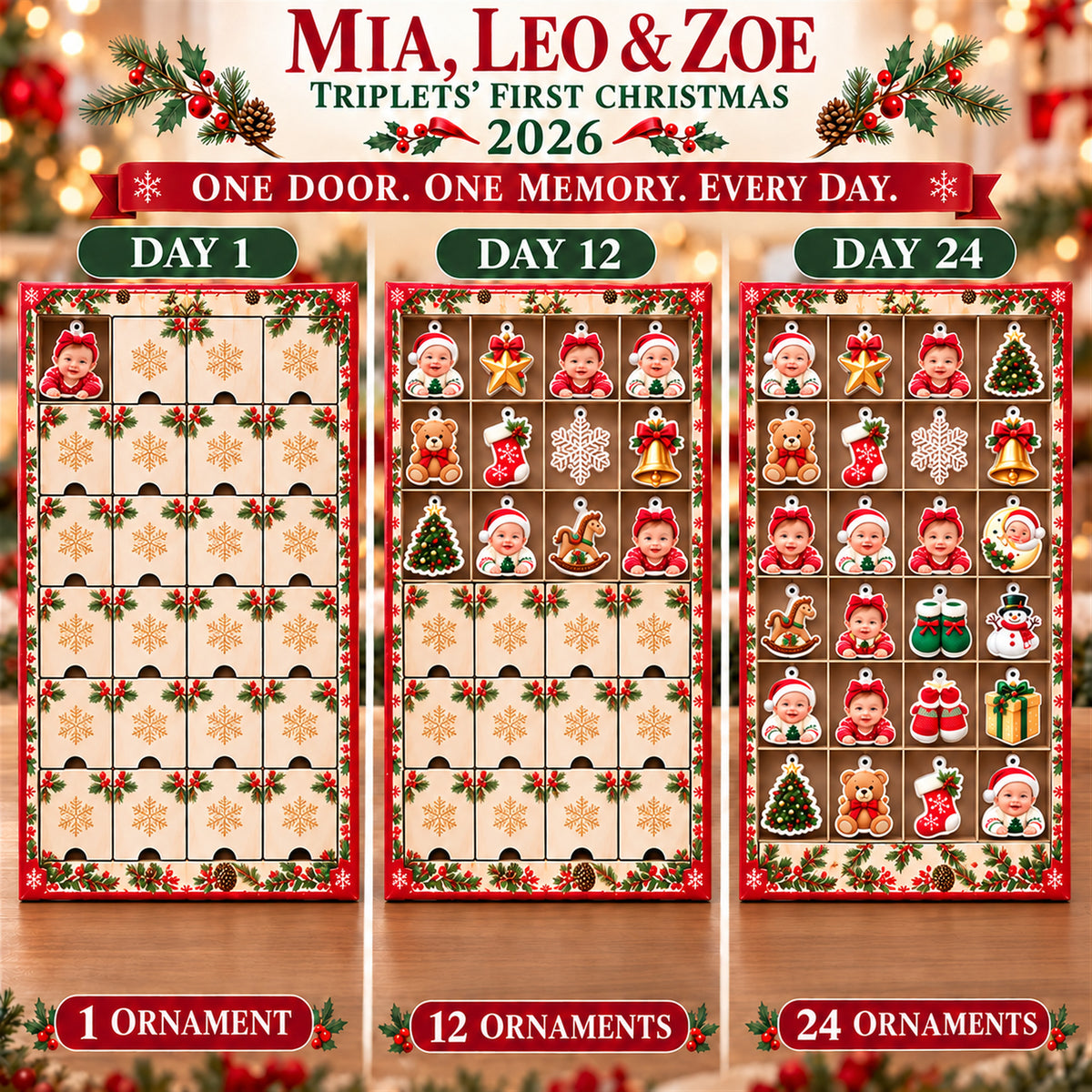 Personalized Triplets First Christmas Advent Calendar with 24 Photo Ornaments