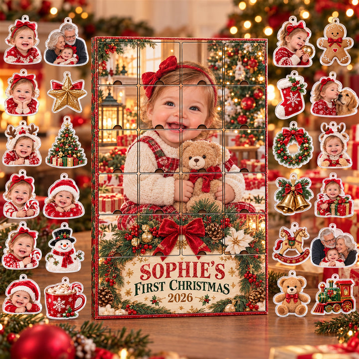Personalized First Grandbaby Christmas Advent Calendar with 24 Photo Ornaments
