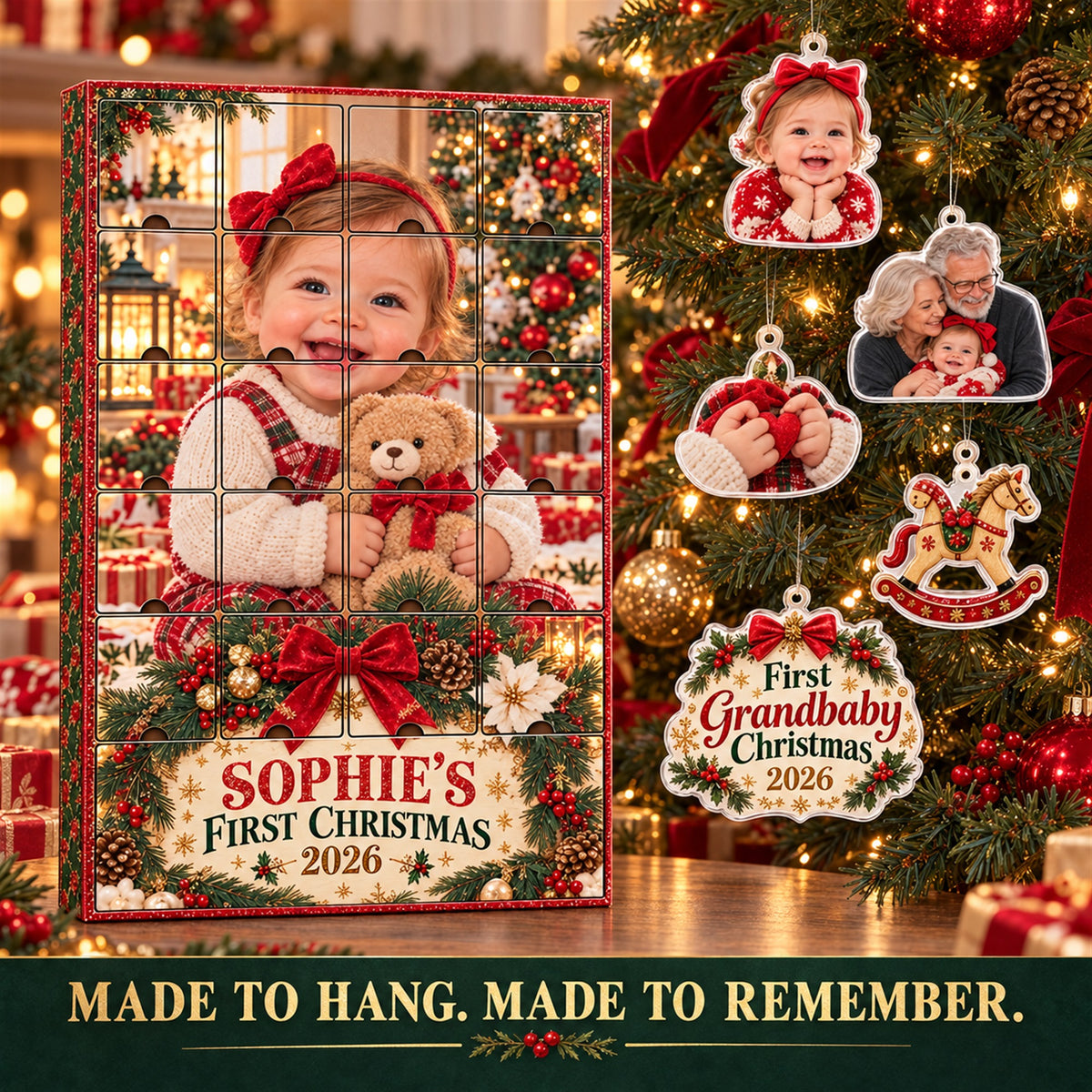 Personalized First Grandbaby Christmas Advent Calendar with 24 Photo Ornaments