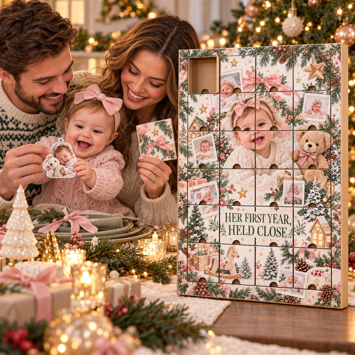 Personalized Baby's First Year Memories Advent Calendar with 24 Photo Ornaments