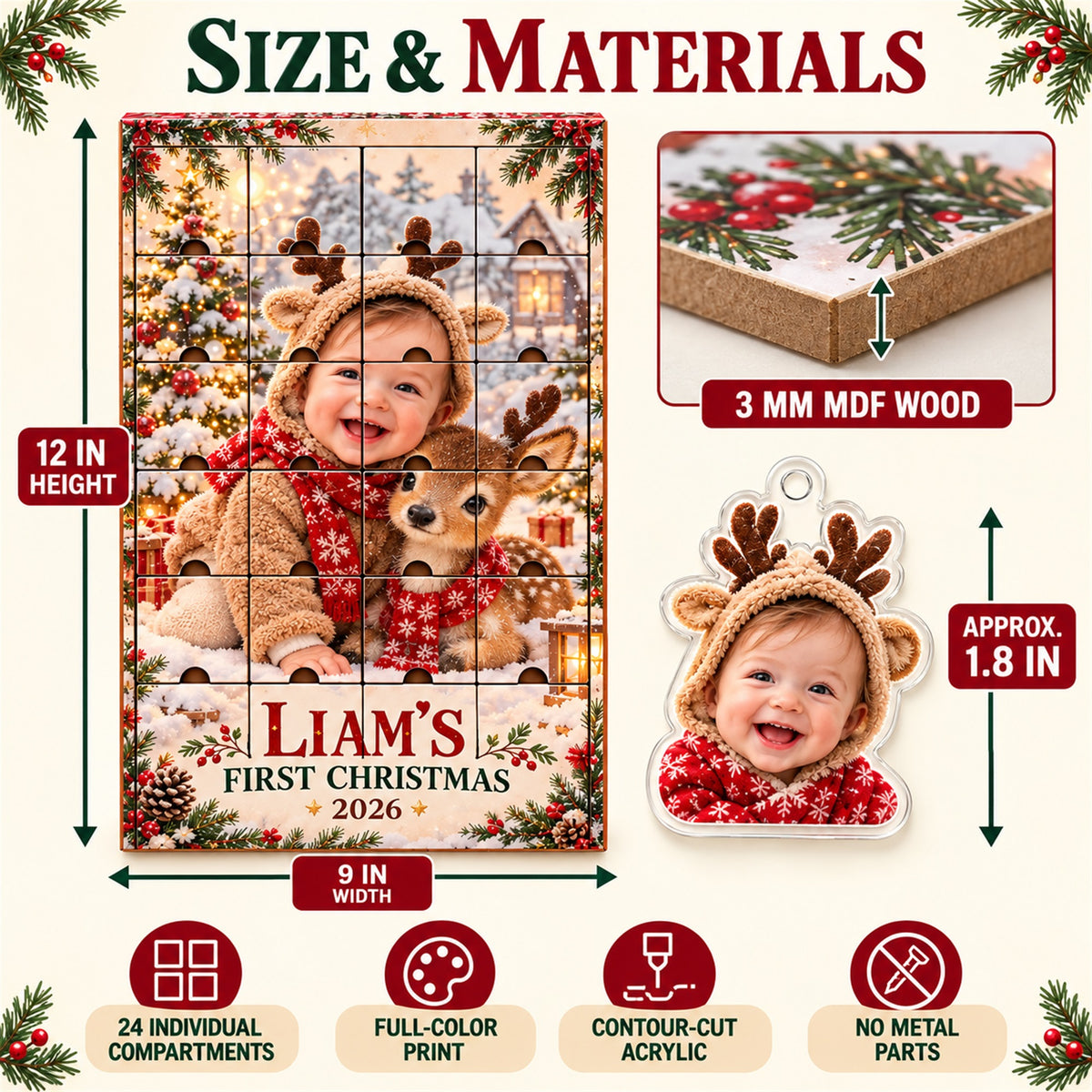 Personalized Little Reindeer Baby Christmas Advent Calendar with 24 Photo Ornaments