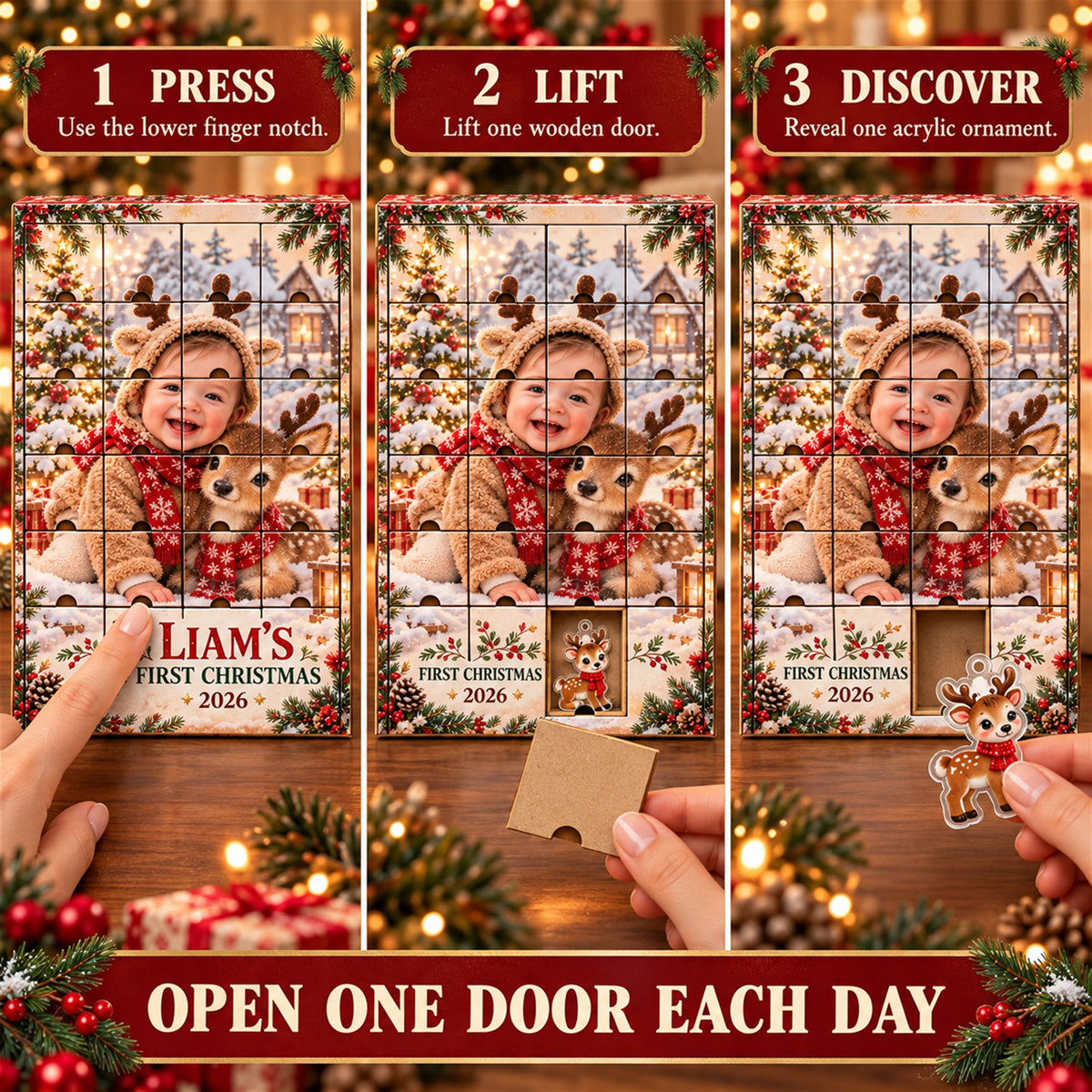 Personalized Little Reindeer Baby Christmas Advent Calendar with 24 Photo Ornaments