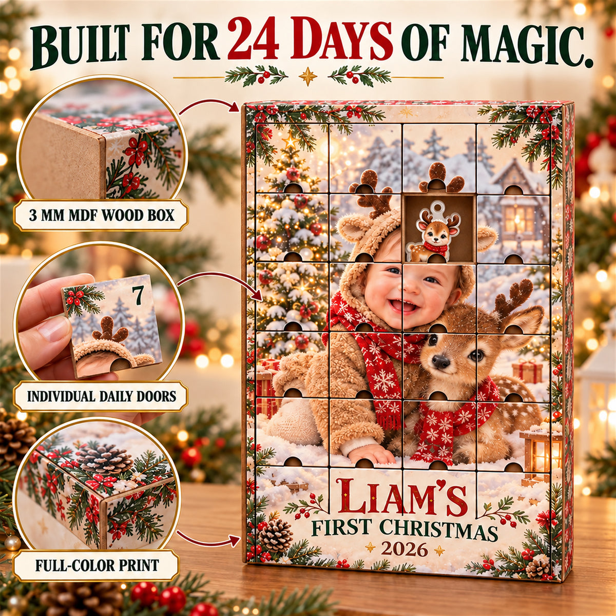 Personalized Little Reindeer Baby Christmas Advent Calendar with 24 Photo Ornaments