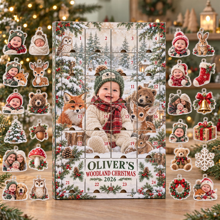 Personalized Woodland Baby First Christmas Advent Calendar with 24 Photo Ornaments