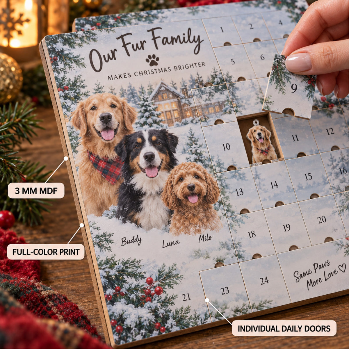 Personalized Our First Christmas Fur Family Advent Calendar with 24 Photo Ornaments
