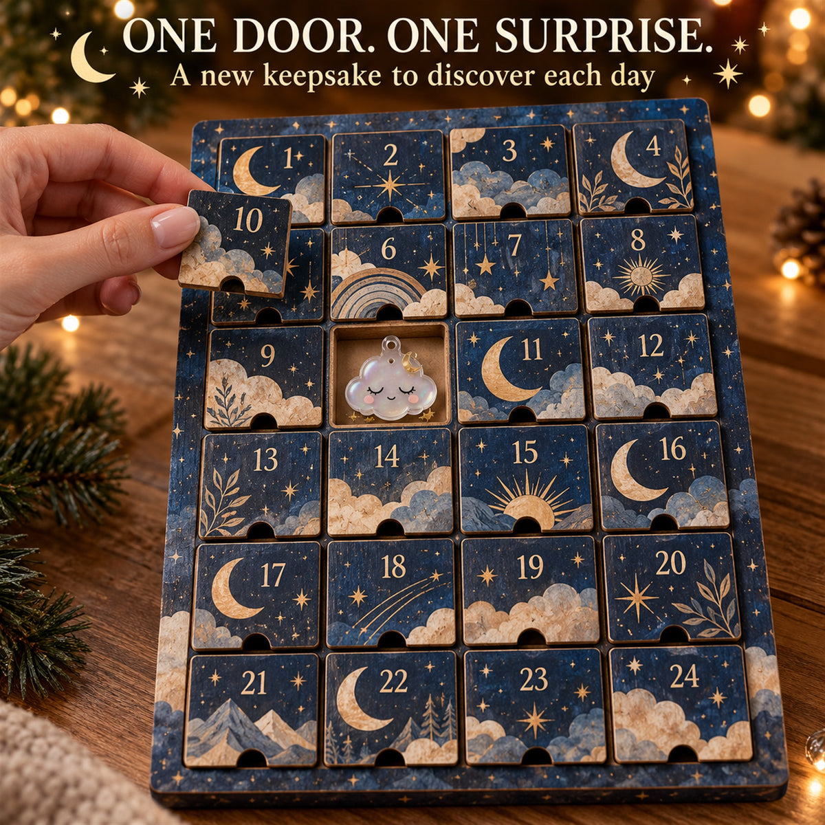 Personalized Boho Moon Stars Baby Christmas Advent Calendar with 24 Photo Ornaments