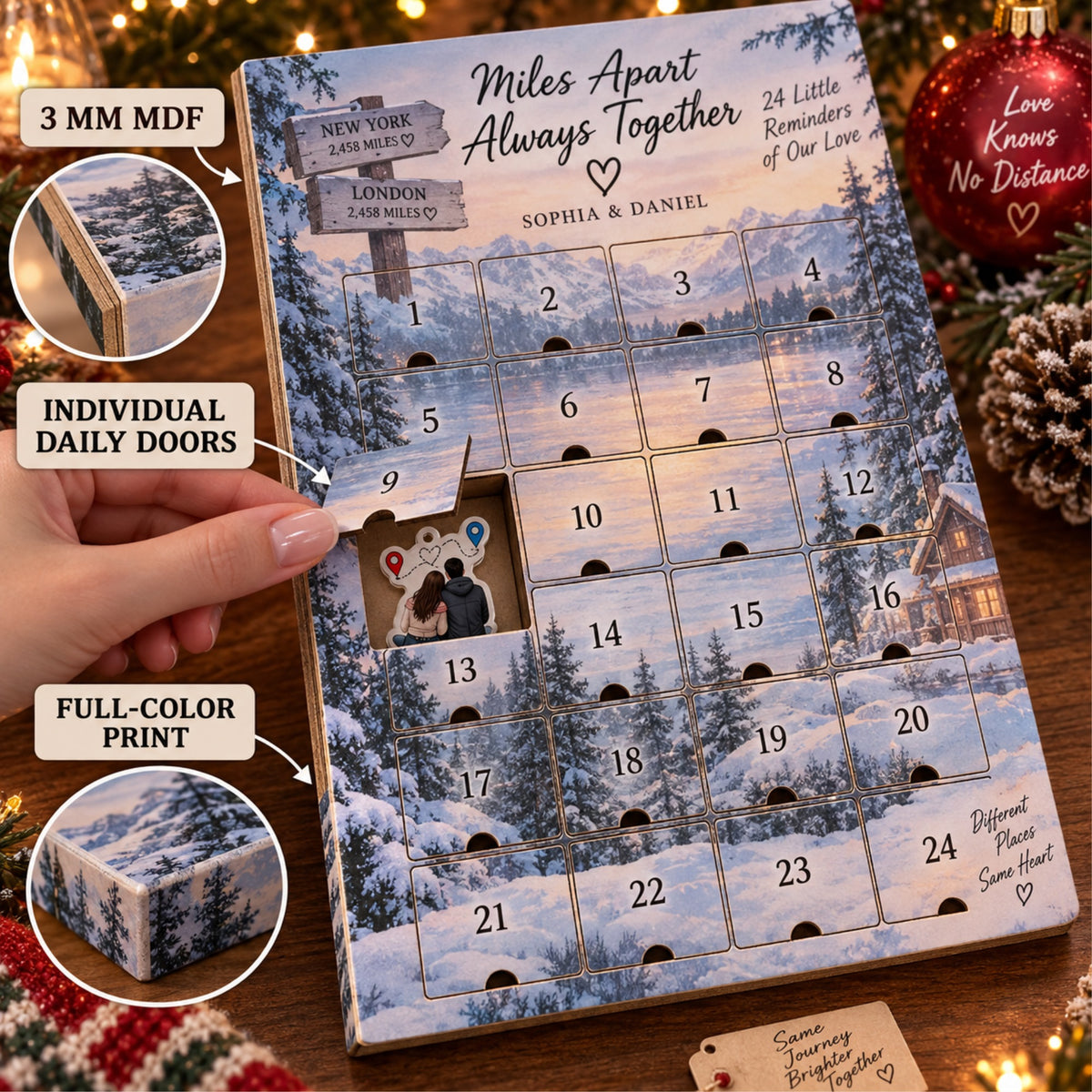 Personalized Miles Apart Hearts Together Advent Calendar with 24 Photo Ornaments