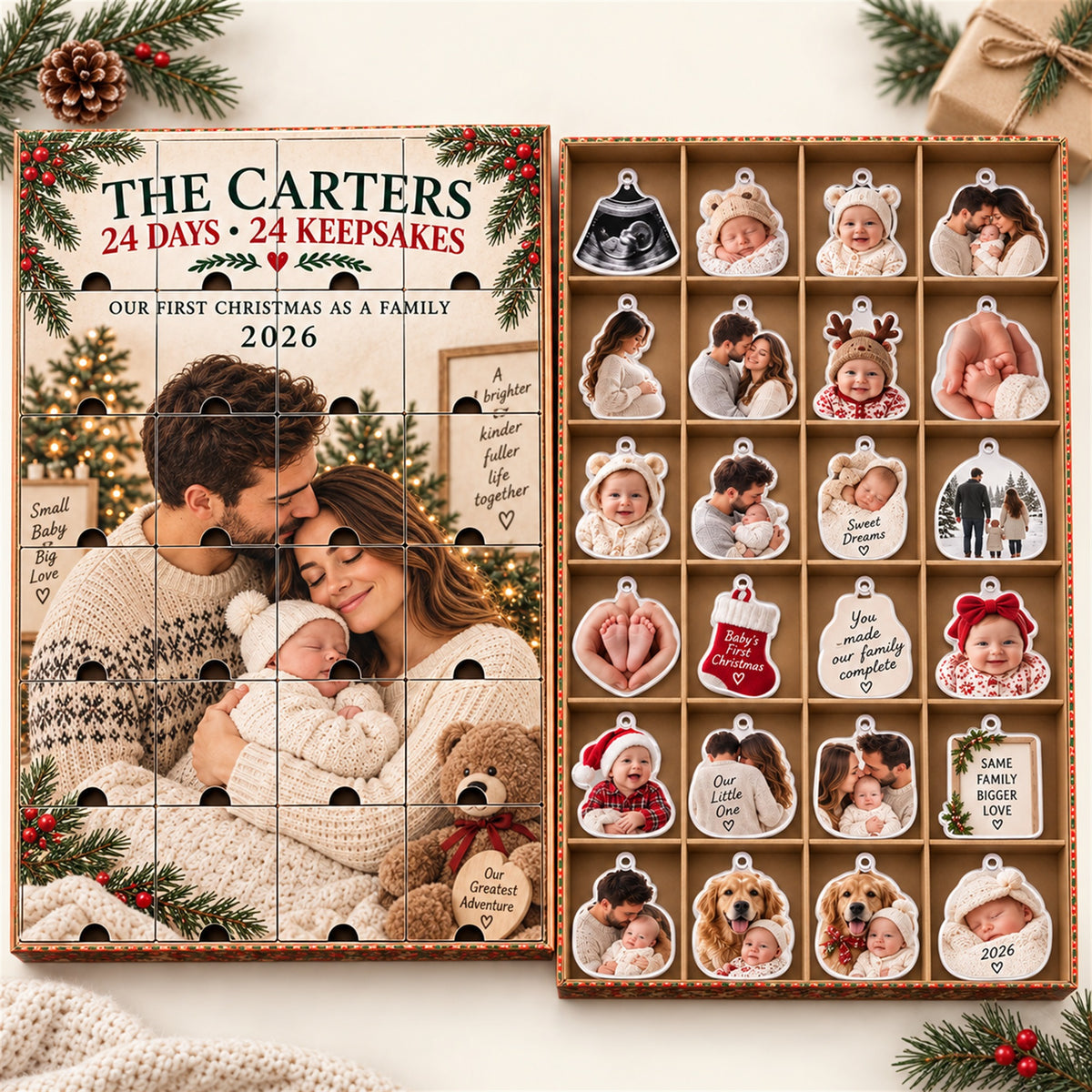 Personalized Our First Christmas As A Family Advent Calendar with 24 Photo Ornaments