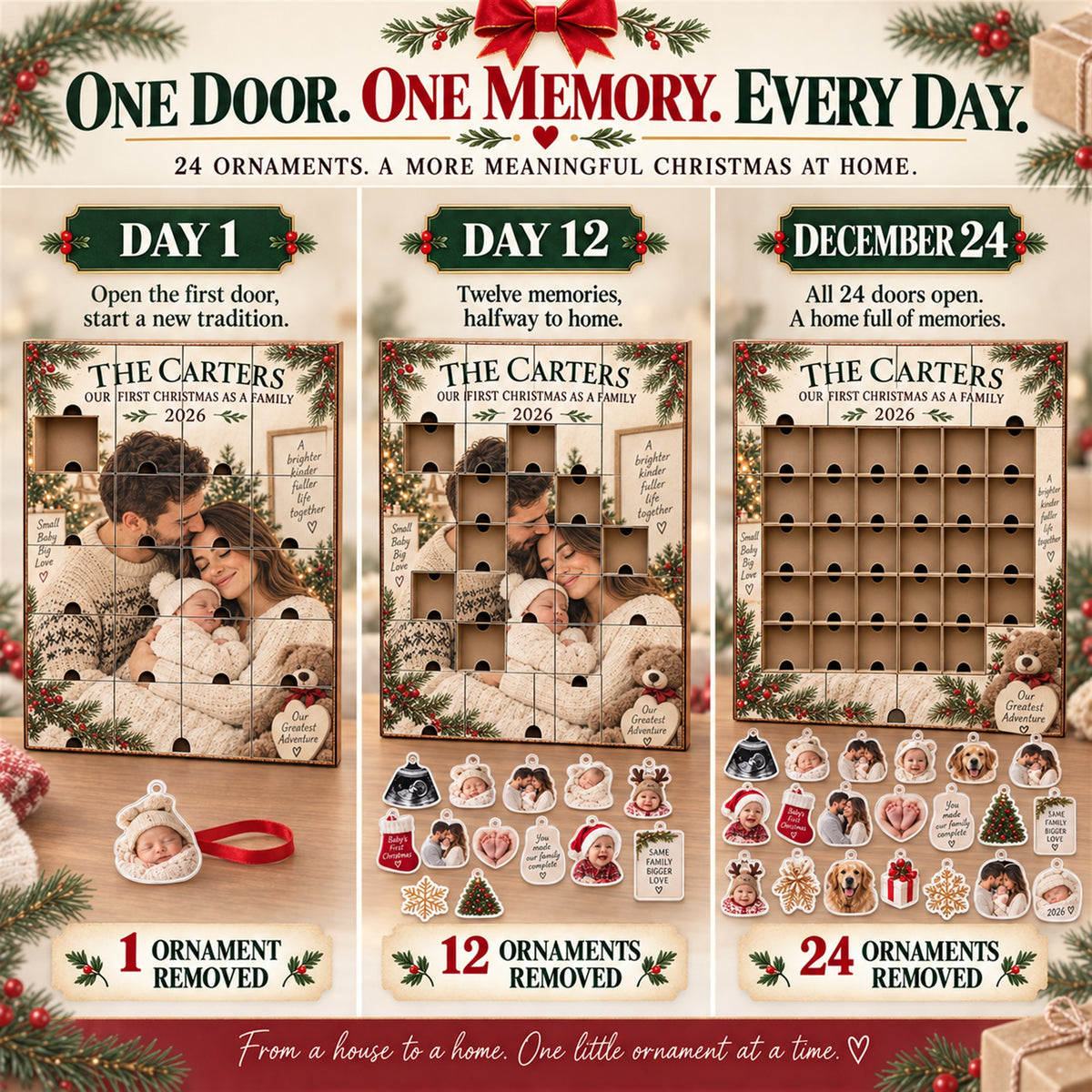Personalized Our First Christmas As A Family Advent Calendar with 24 Photo Ornaments