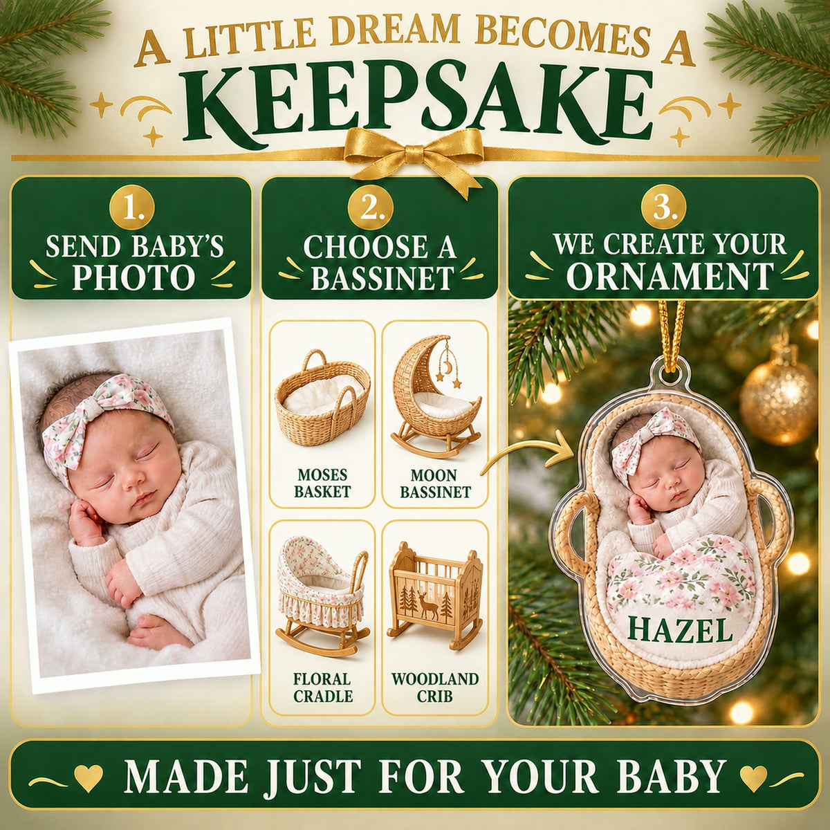 Personalized Baby Bassinet Dreams Photo Ornament - Custom Acrylic Christmas Keepsake