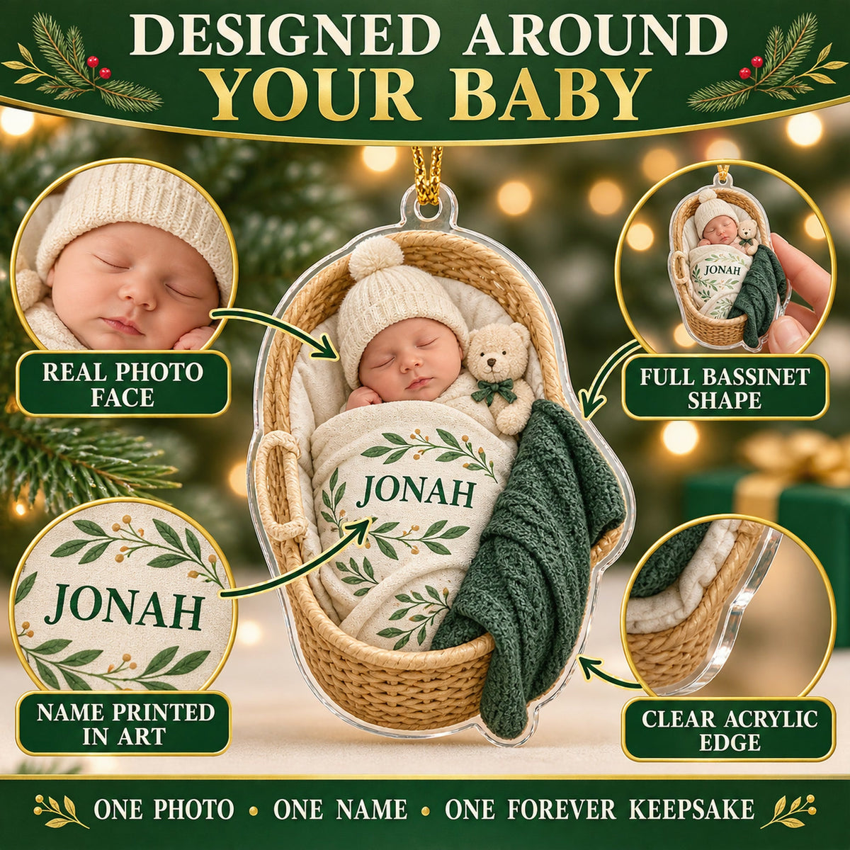 Personalized Baby Bassinet Dreams Photo Ornament - Custom Acrylic Christmas Keepsake