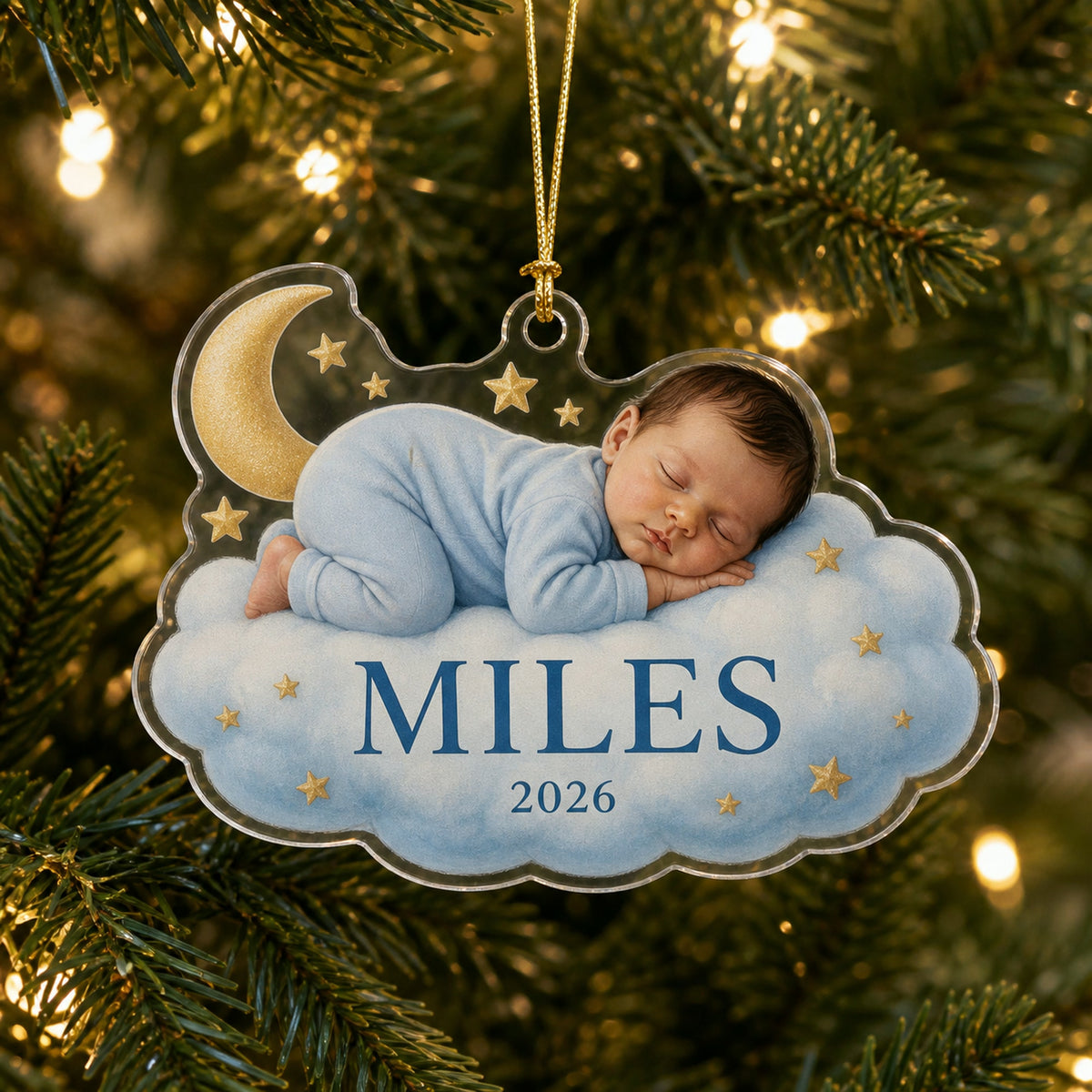 Personalized Moon and Stars Sleeping Baby Photo Ornament - Custom Acrylic Christmas Keepsake - image 2