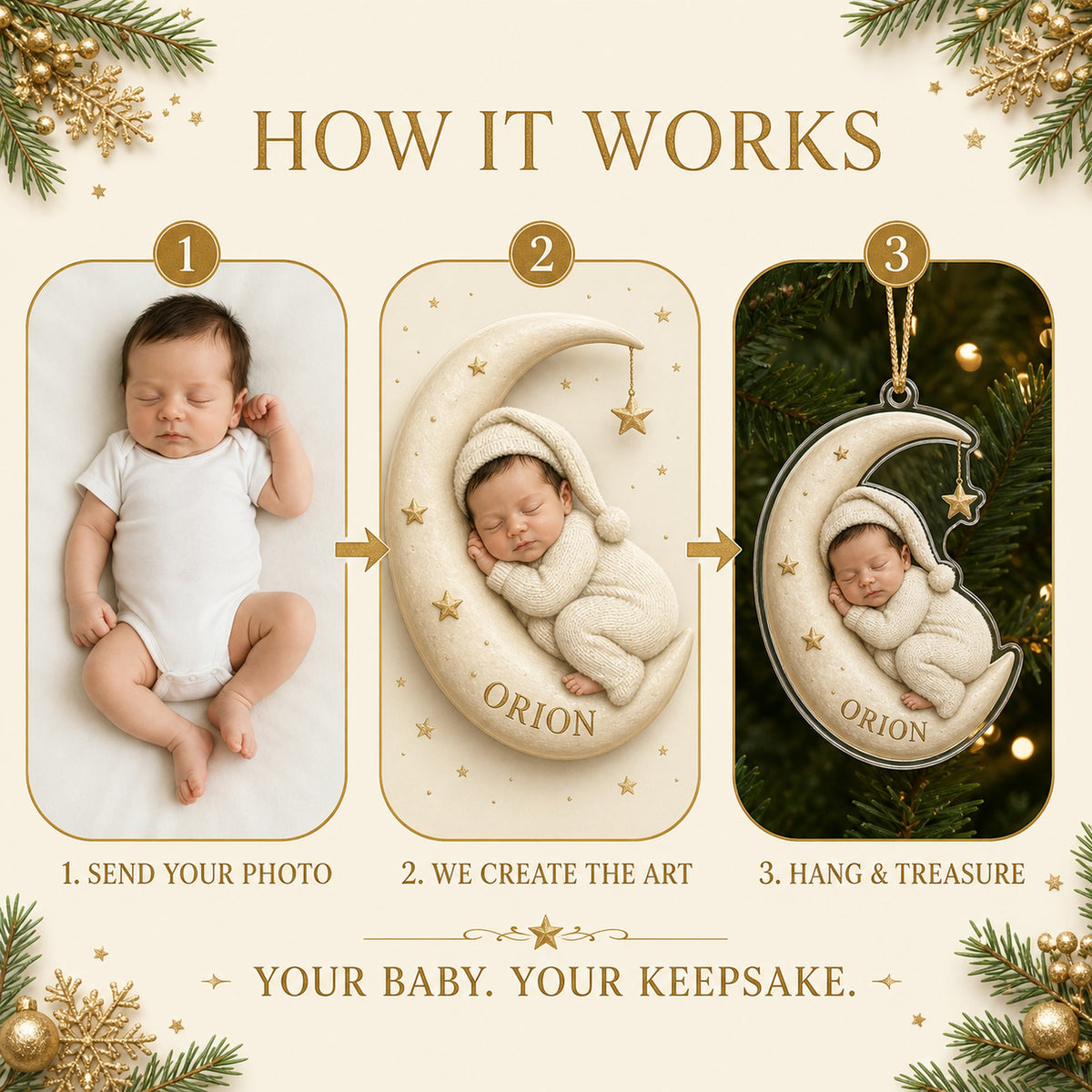 Personalized Moon and Stars Sleeping Baby Photo Ornament - Custom Acrylic Christmas Keepsake - image 5