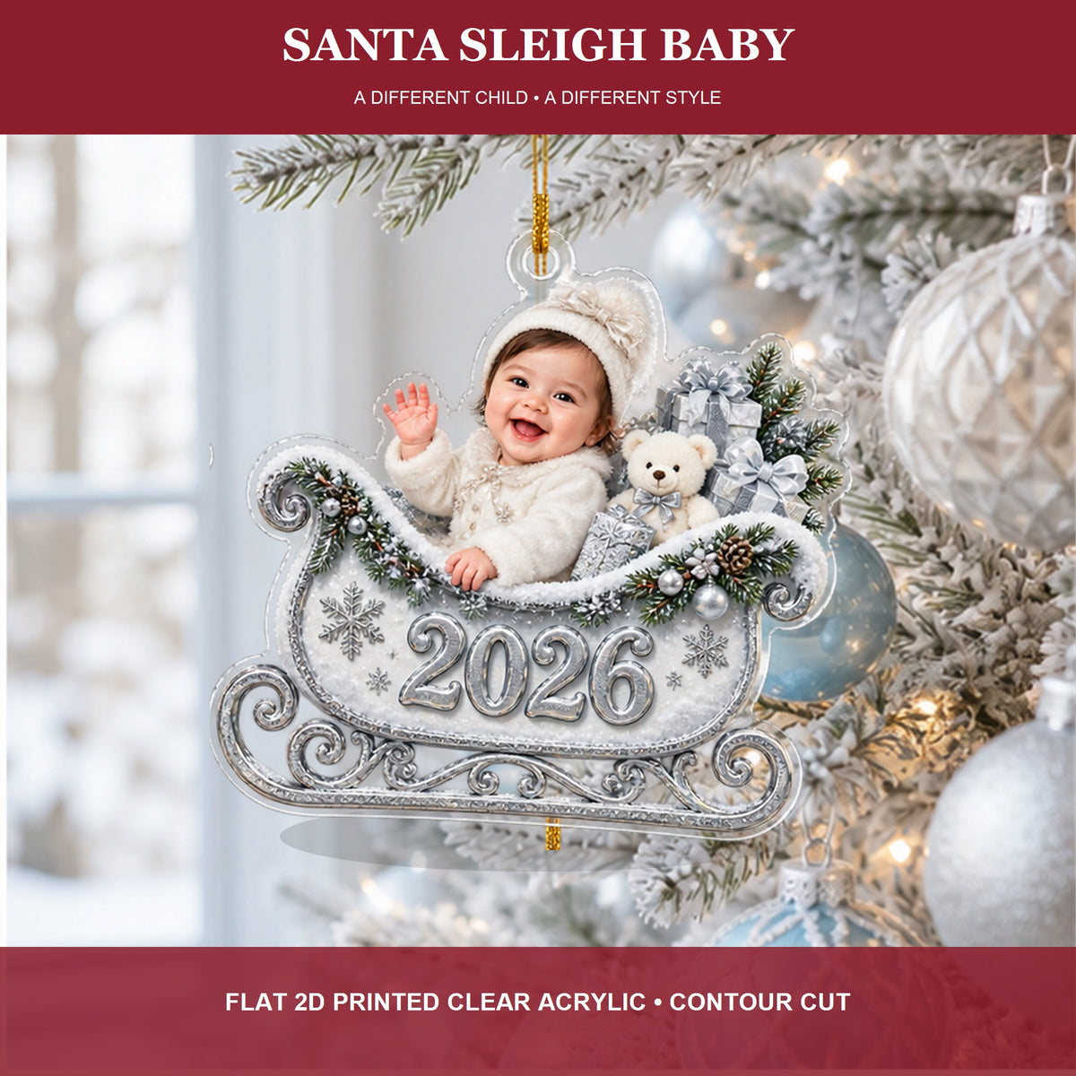 Personalized Santa Sleigh Baby 2026 Photo Ornament - Custom Acrylic Christmas Keepsake - image 3
