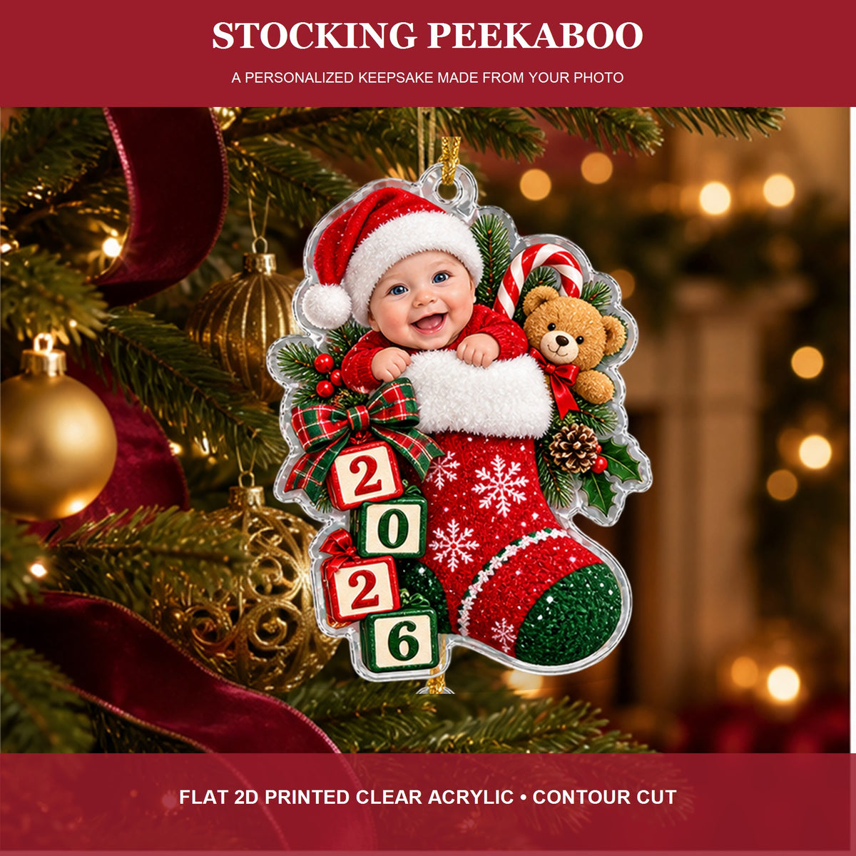 Personalized Baby Stocking Peekaboo 2026 Photo Ornament - Custom Acrylic Christmas Keepsake - image 2