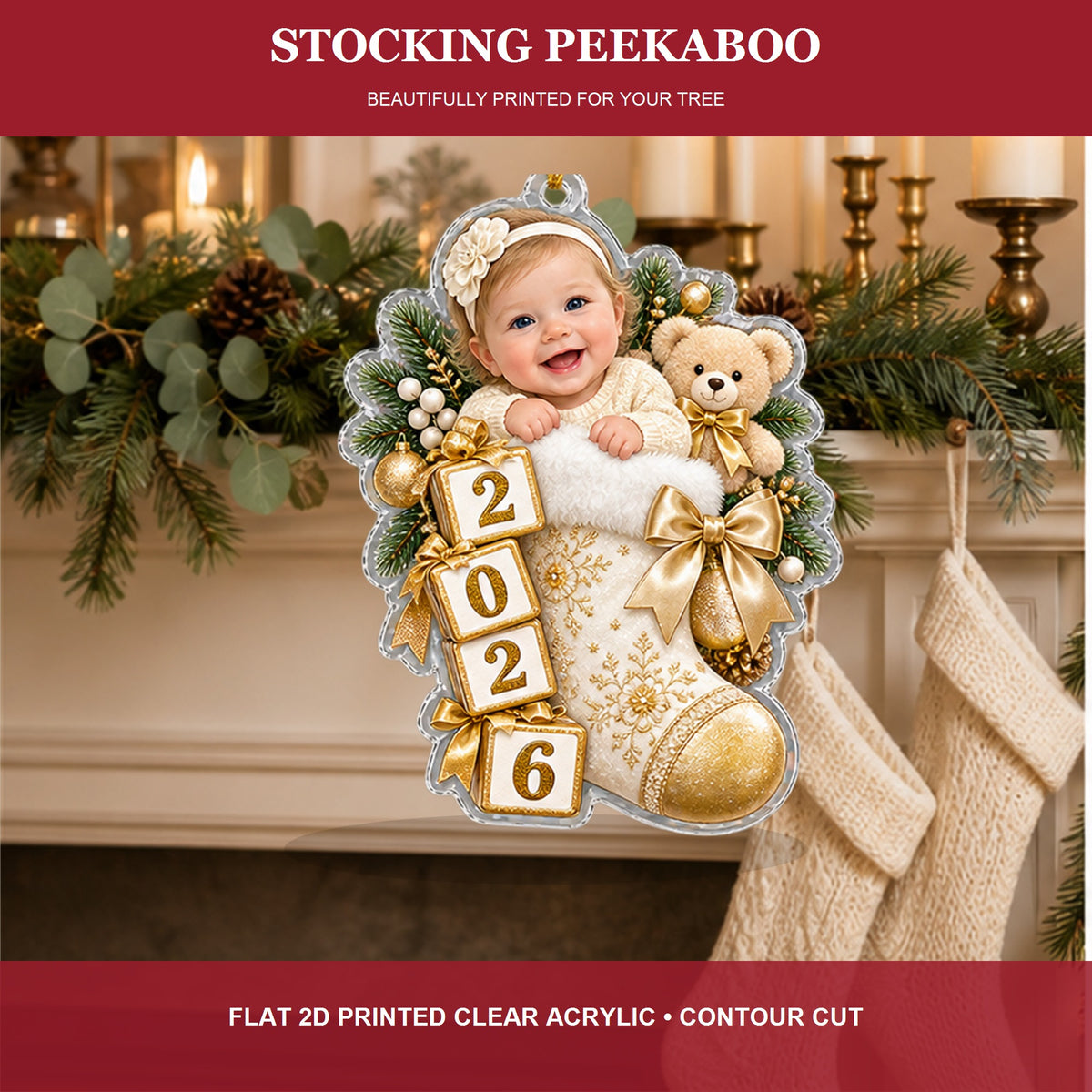 Personalized Baby Stocking Peekaboo 2026 Photo Ornament - Custom Acrylic Christmas Keepsake - image 4
